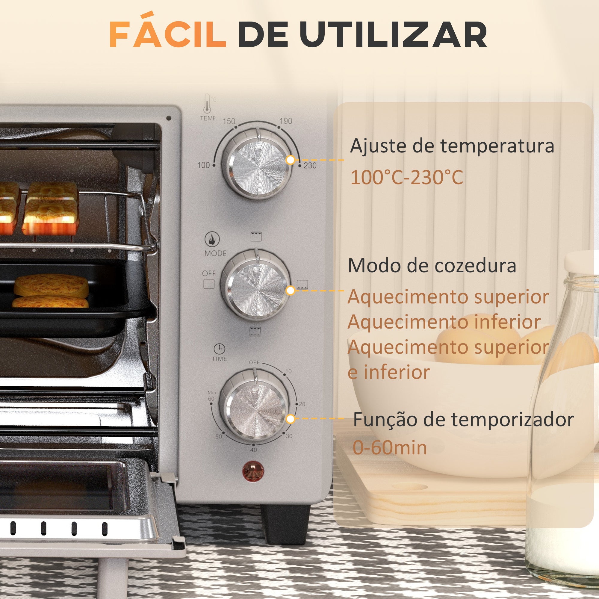 Mini Forno Elétrico – 21L – Prata – Metal, aço inoxidável, vidro temperado