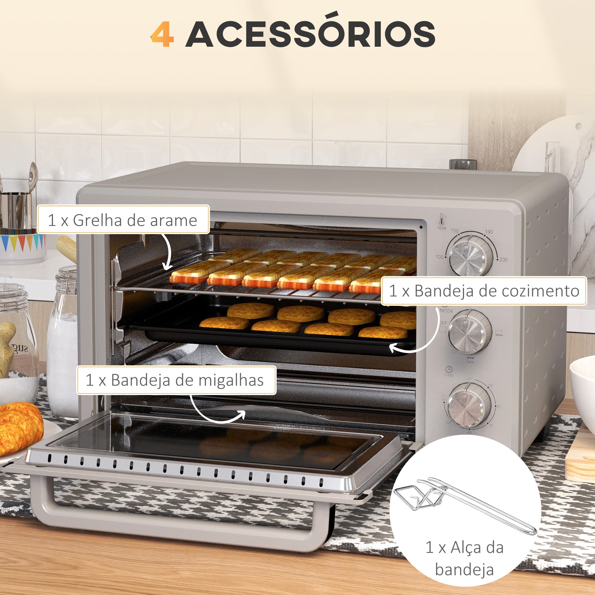 Mini Forno Elétrico – 21L – Prata – Metal, aço inoxidável, vidro temperado