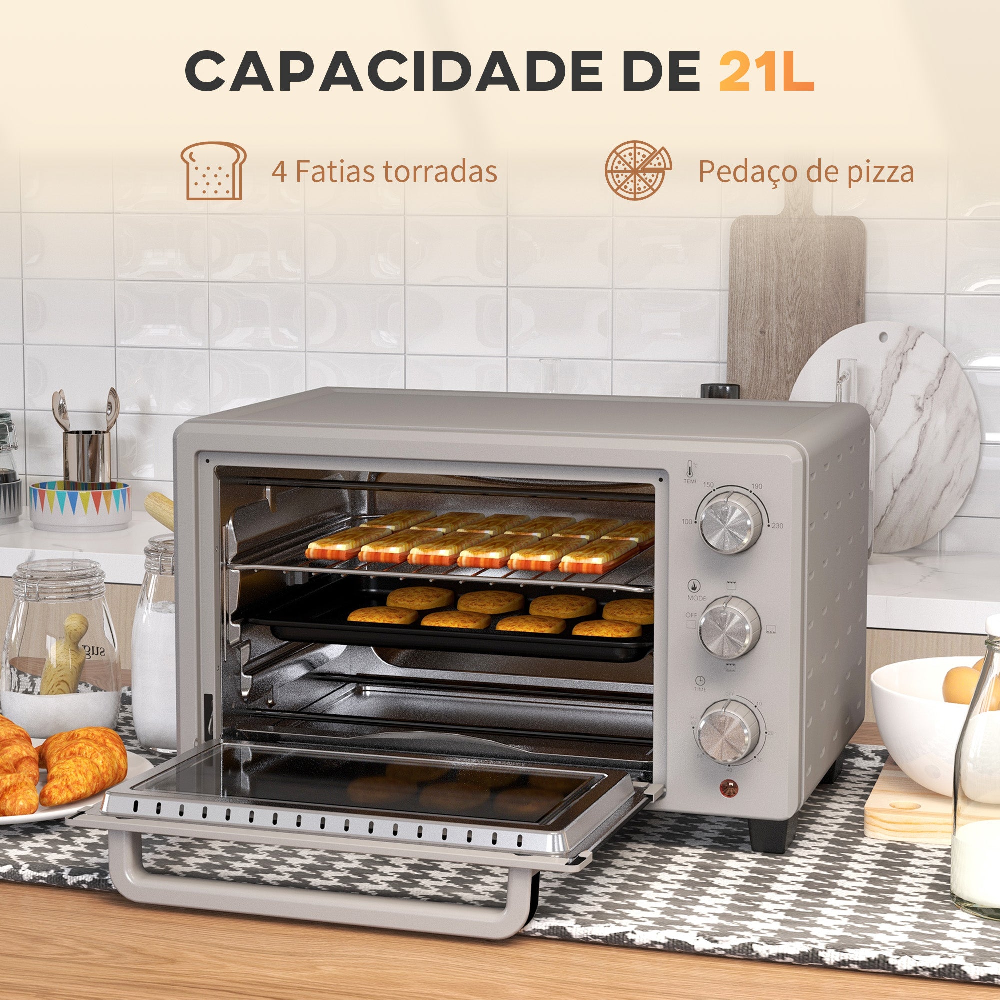 Mini Forno Elétrico – 21L – Prata – Metal, aço inoxidável, vidro temperado