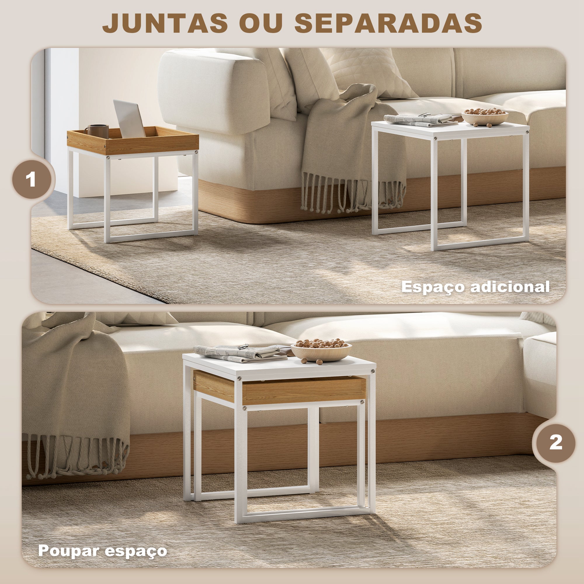 Conjunto de mesas auxiliares – 45x45x45 cm e 40x40x40 cm – Branco e Carvalho – MDF e Aço