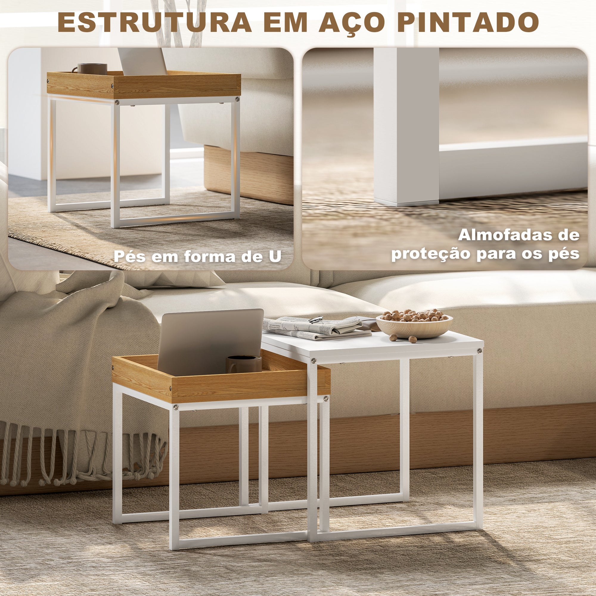 Conjunto de mesas auxiliares – 45x45x45 cm e 40x40x40 cm – Branco e Carvalho – MDF e Aço