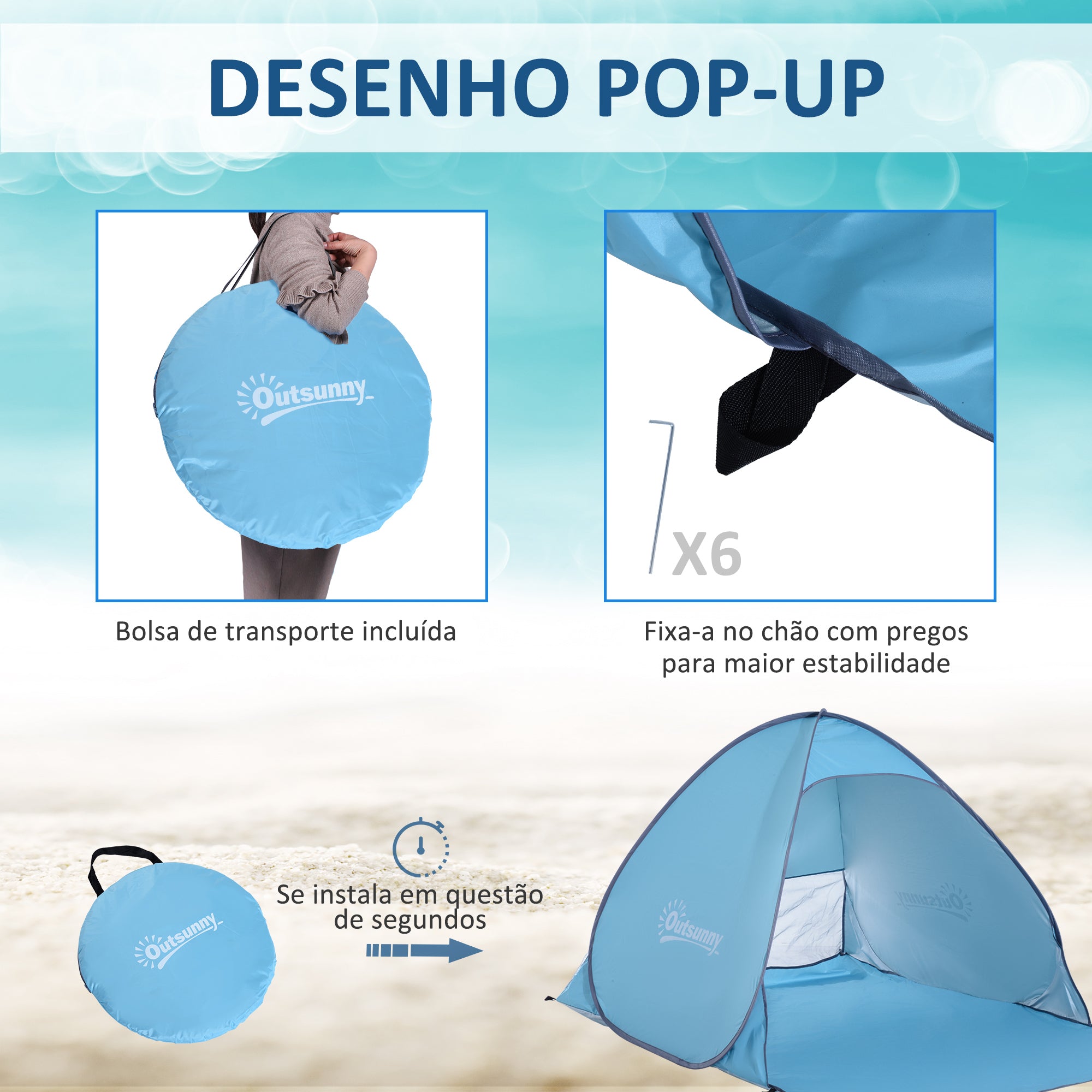 Tenda Pop-up Portátil Azul 200x150x115cm Proteção UV
