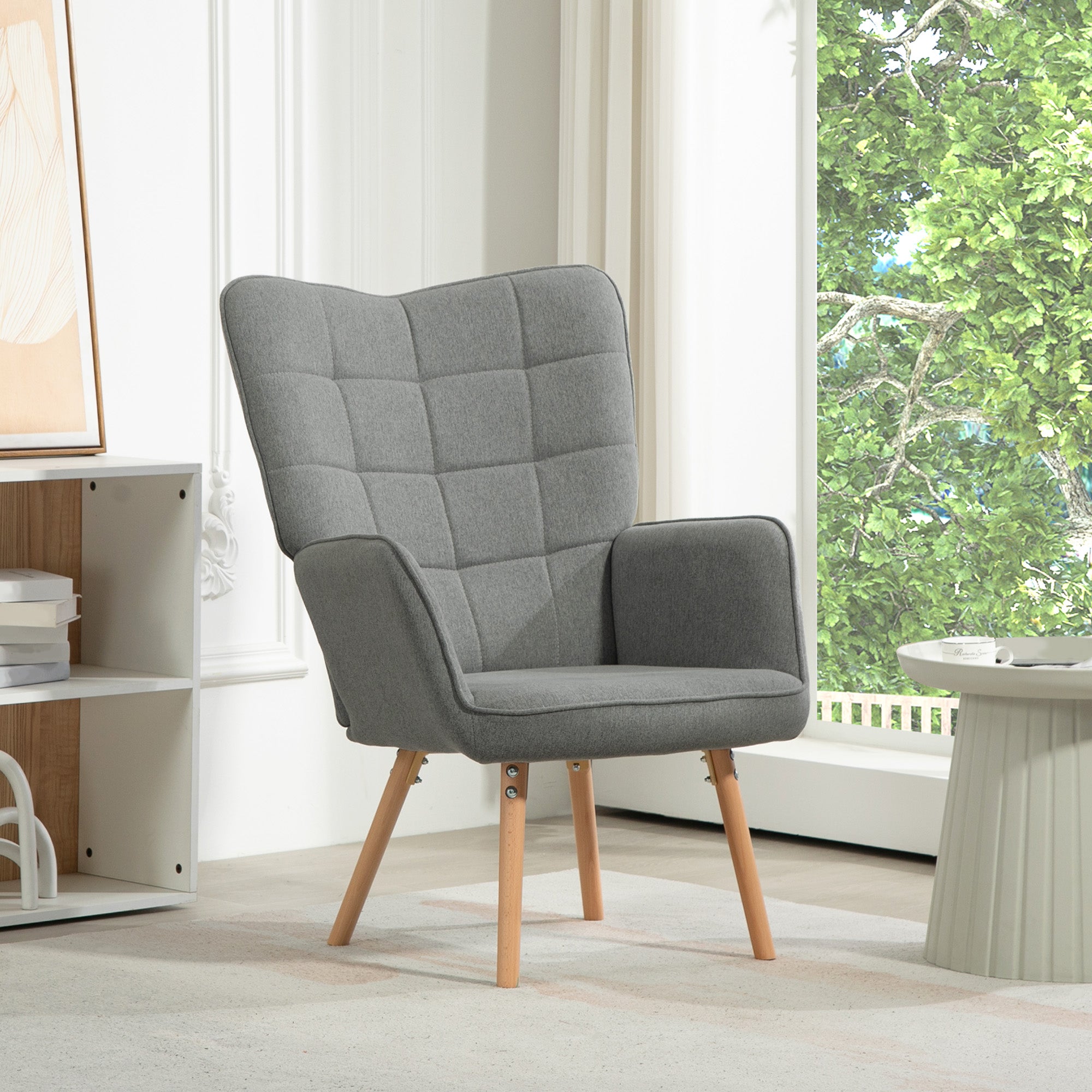 Poltrona Moderna – 71x76x101 cm – Cinzento – Linho e Madeira de Haya