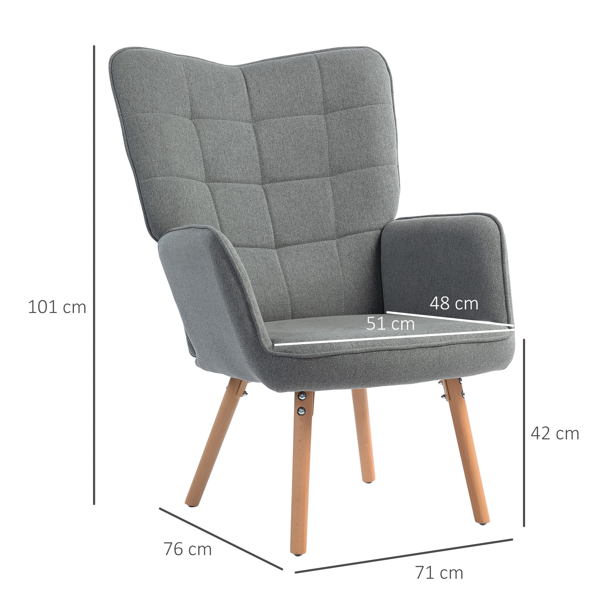 Poltrona Moderna – 71x76x101 cm – Cinzento – Linho e Madeira de Haya