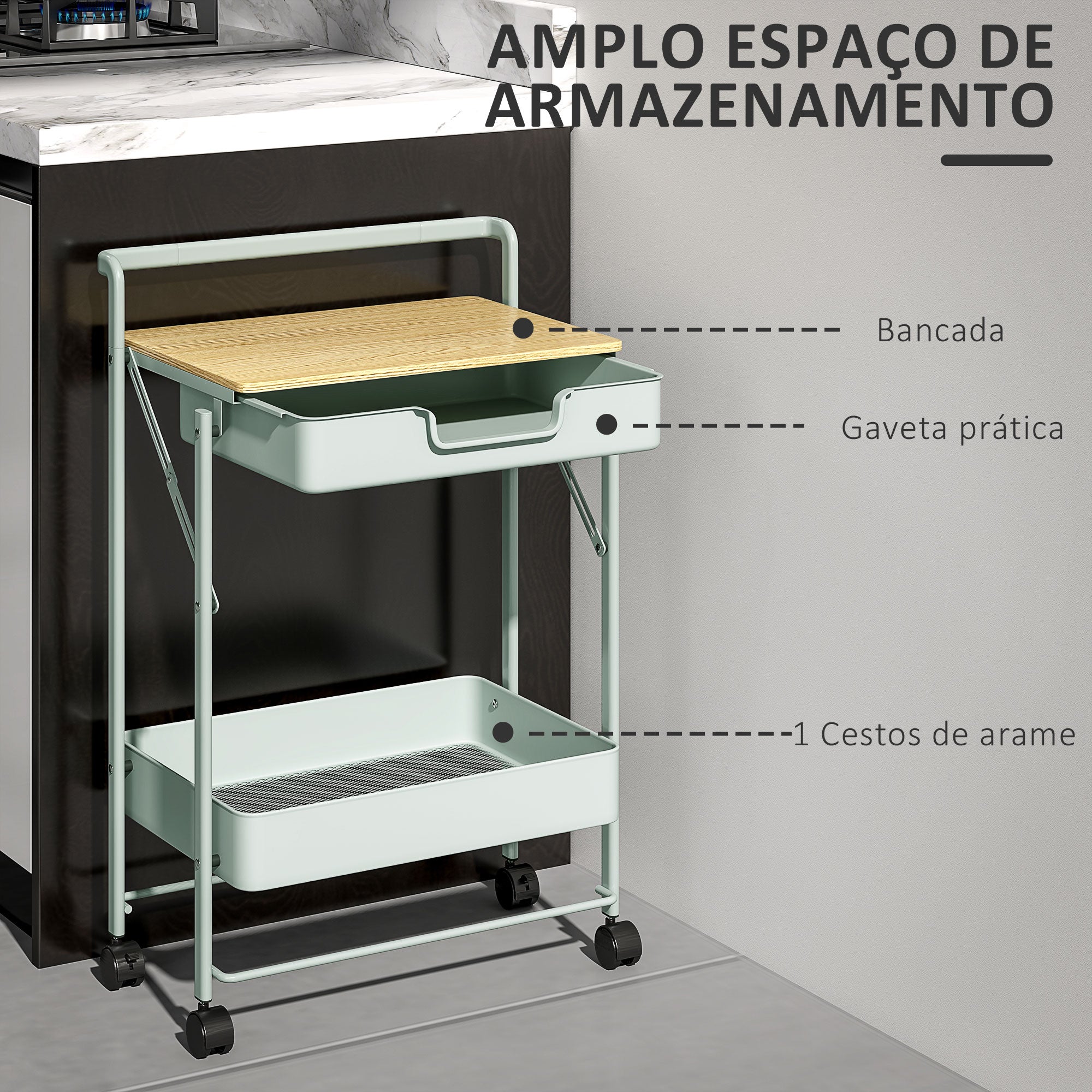 Carrinho Auxiliar com Rodas de 2 Níveis 45x29,5x68 cm Verde Claro