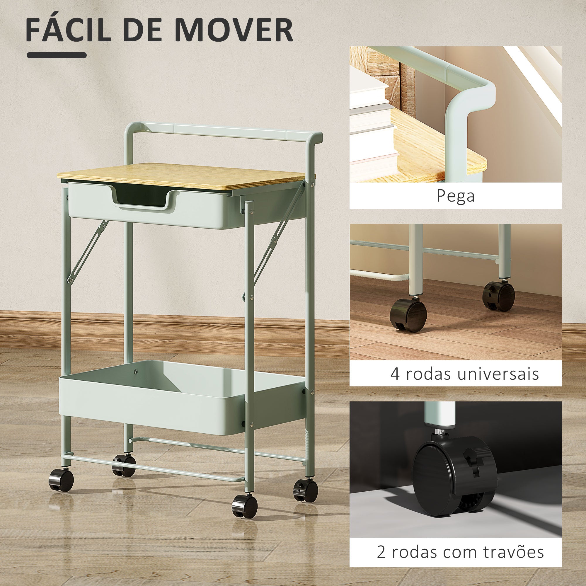 Carrinho Auxiliar com Rodas de 2 Níveis 45x29,5x68 cm Verde Claro