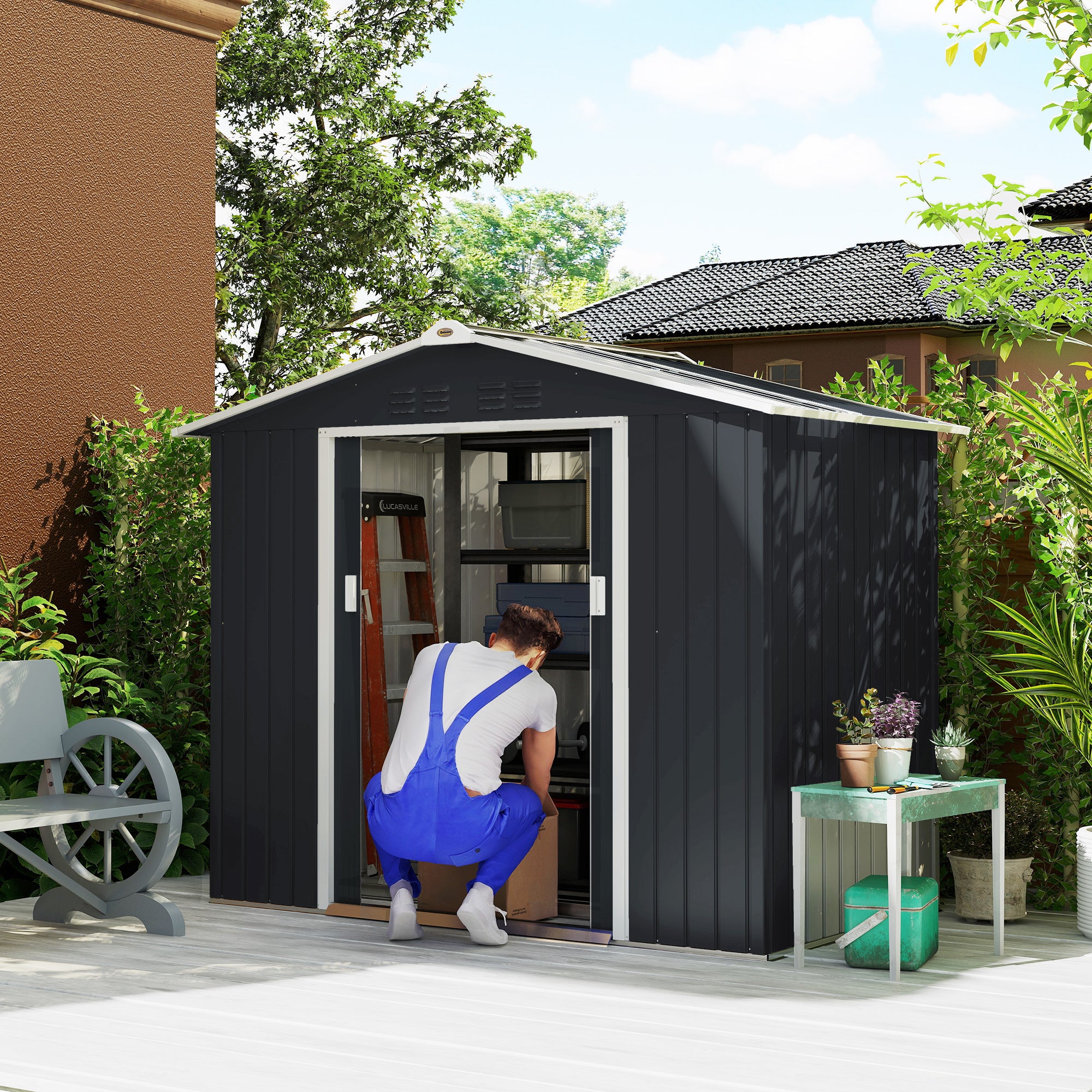 Abrigo de Jardim Metálico 213x130x185 cm - Cor Cinza Escuro