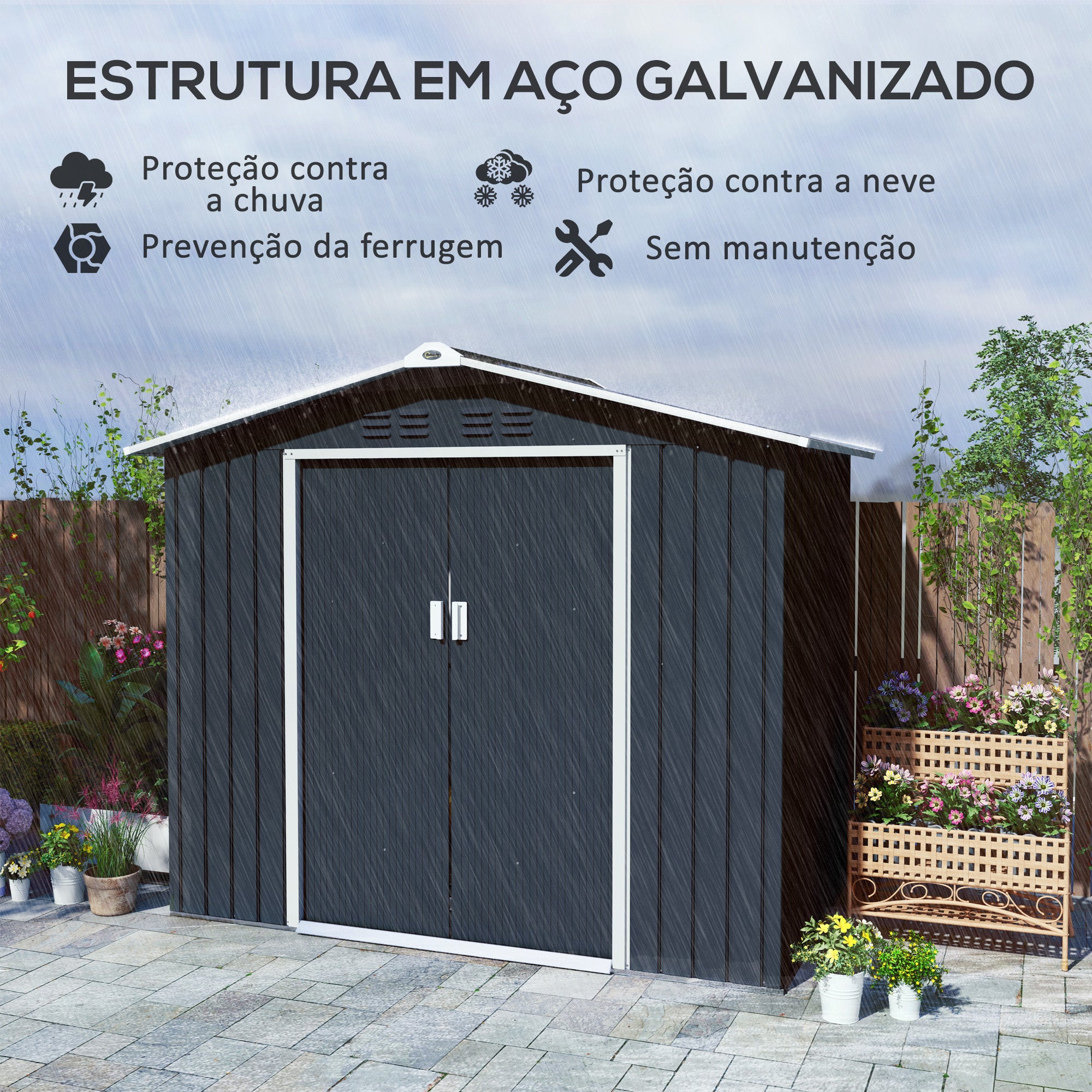 Abrigo de Jardim Metálico 213x130x185 cm - Cor Cinza Escuro