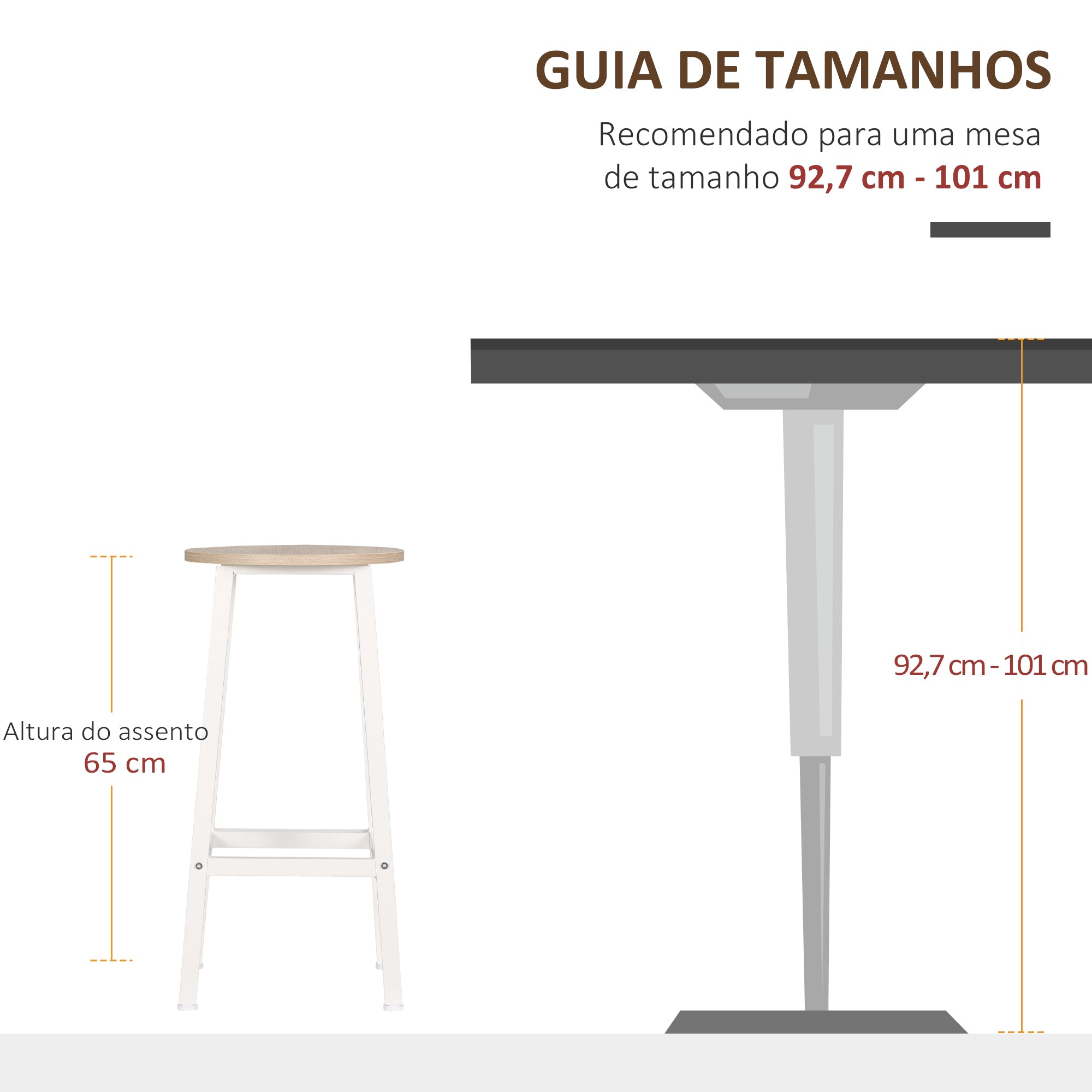 Conjunto de 2 Bancos Altos de Cozinha 32,5x32,5x65cm Branco e Madeira
