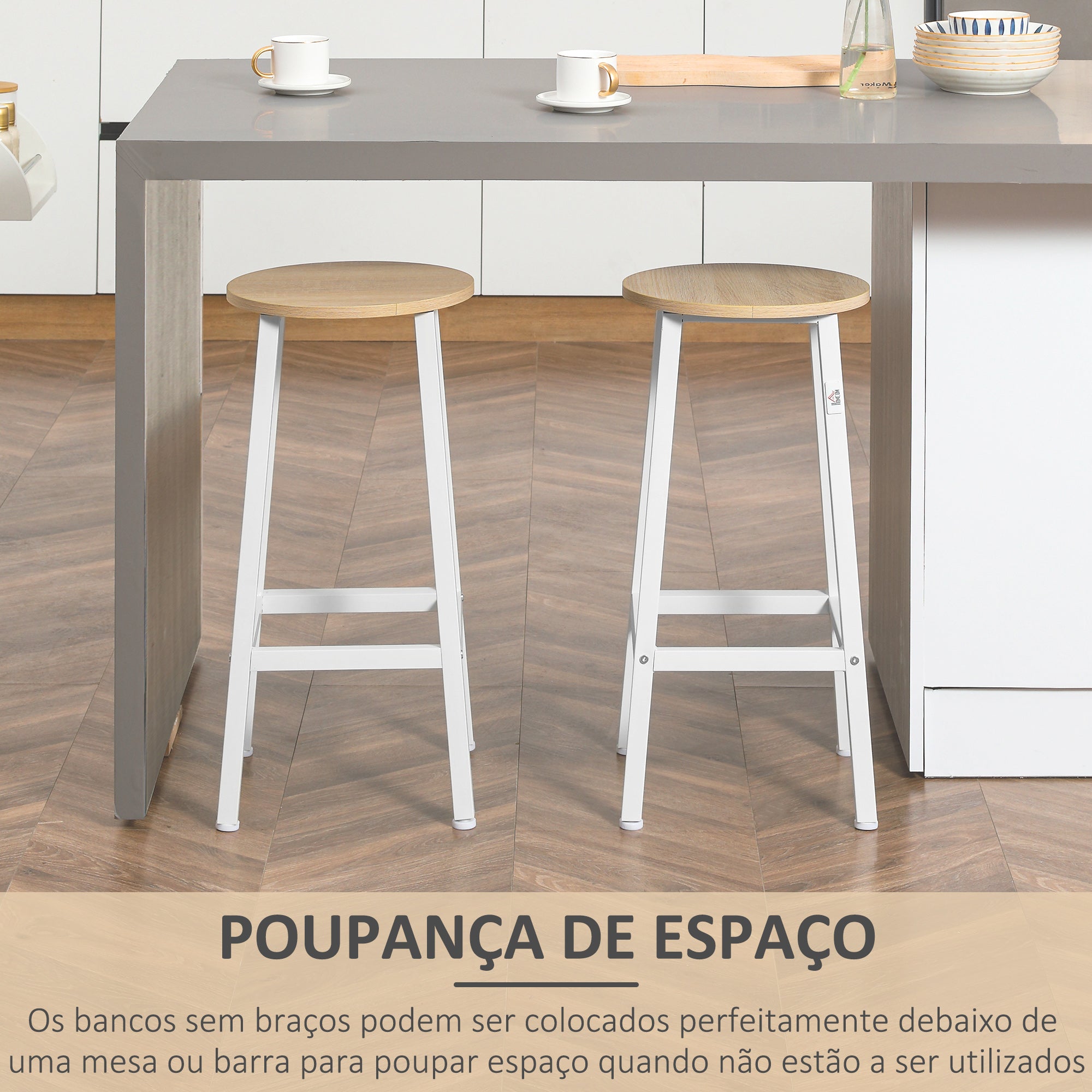 Conjunto de 2 Bancos Altos de Cozinha 32,5x32,5x65cm Branco e Madeira