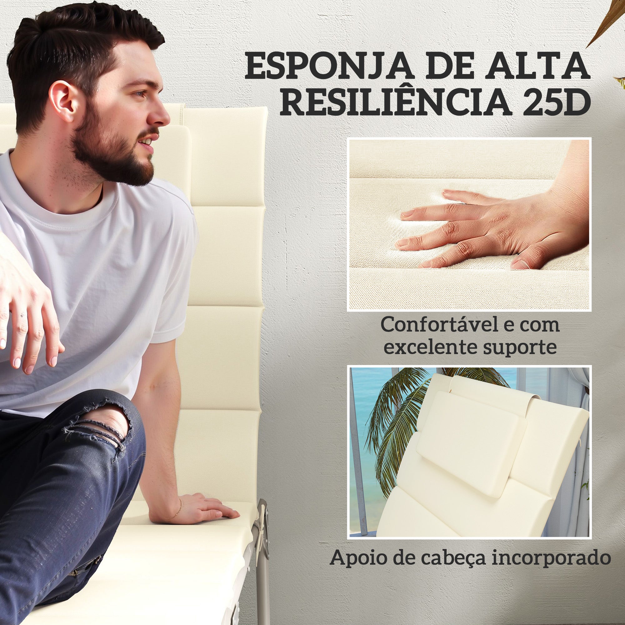 Almofadas para Espreguiçadeira 203x66x3 cm - Cor Creme Branco