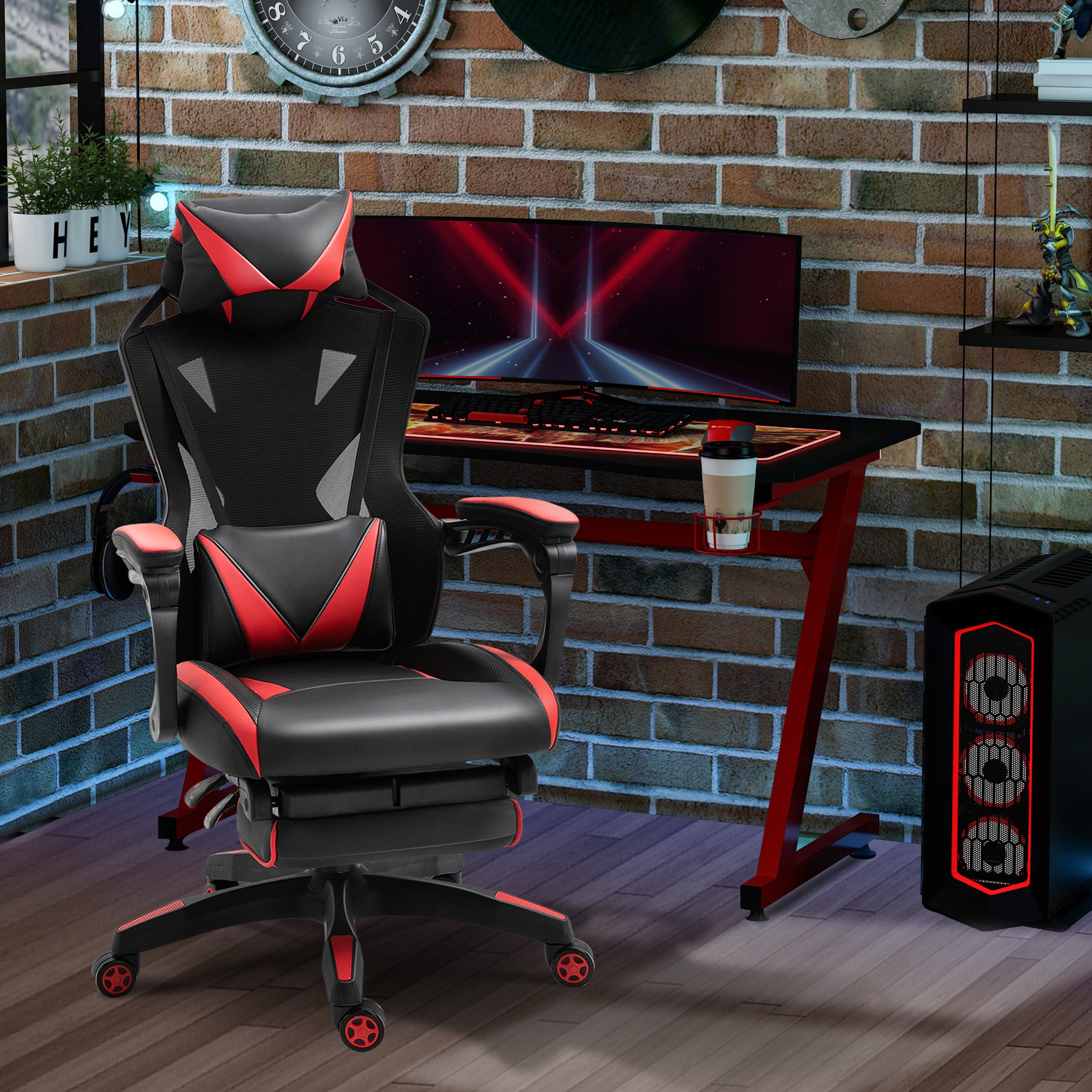Cadeira Gaming Ergonómica com Encosto Ajustável 65x70x117-125cm Vermelho