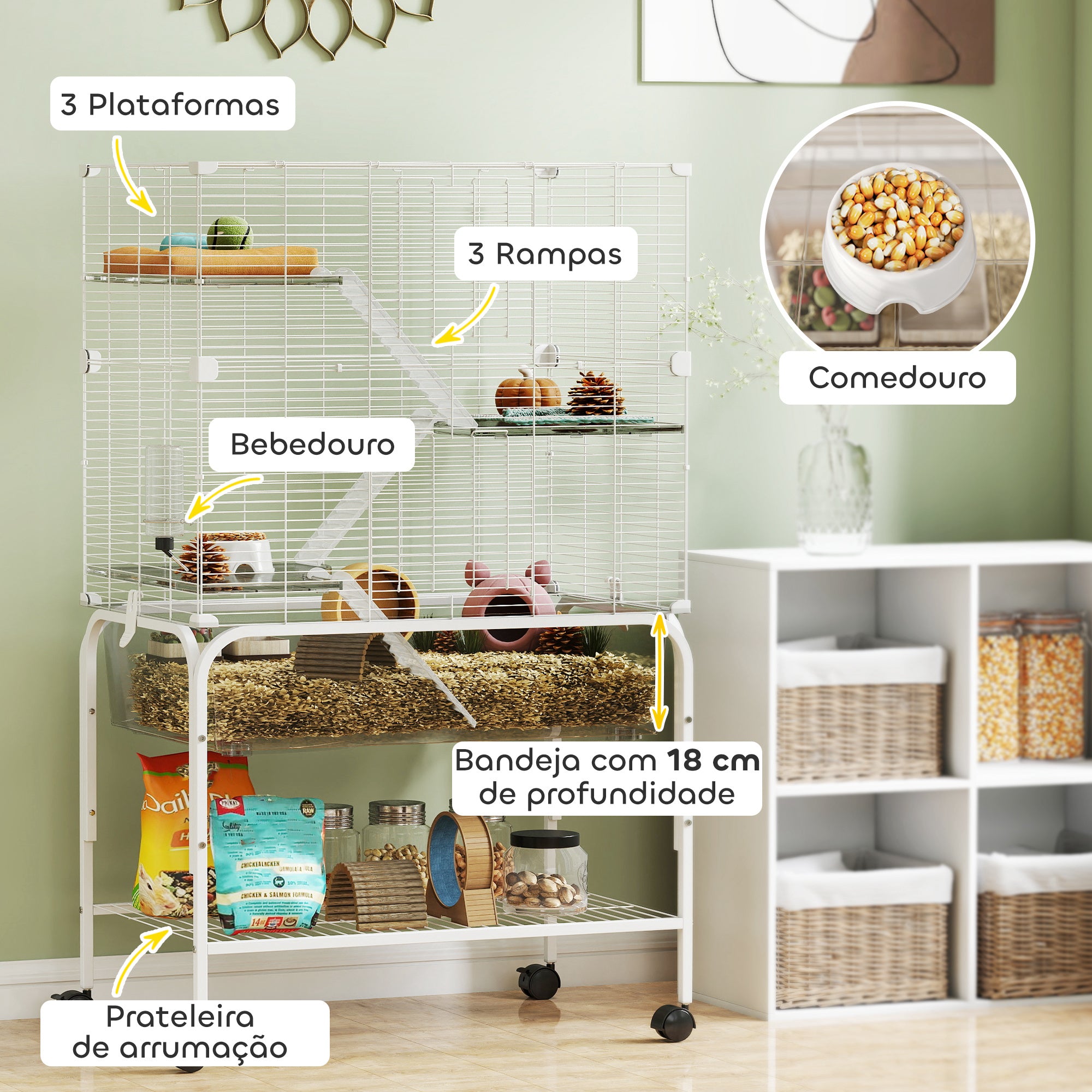 Gaiola para Pequenos Animais – 73x47x123 cm – Branco – Aço, PET e PS