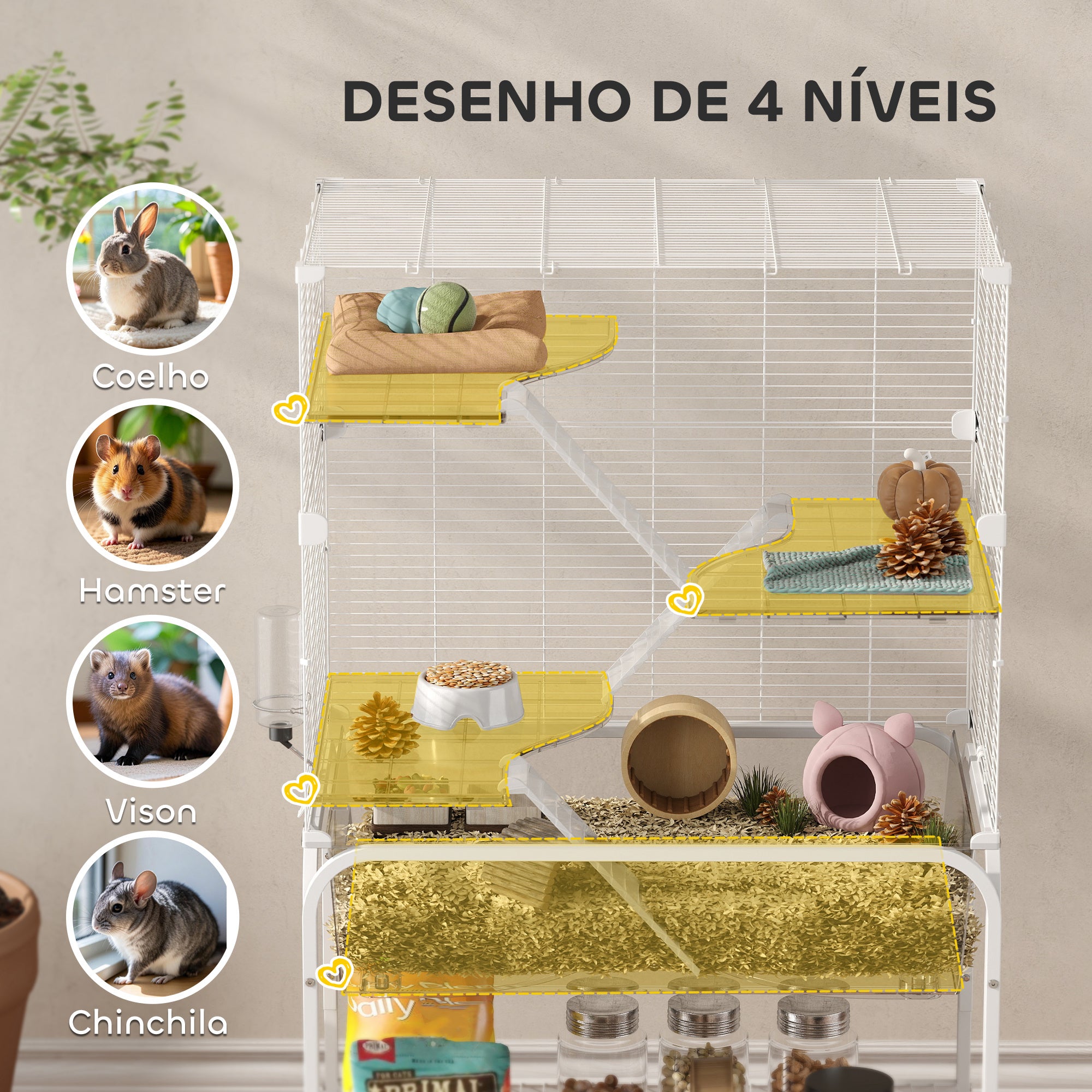 Gaiola para Pequenos Animais – 73x47x123 cm – Branco – Aço, PET e PS