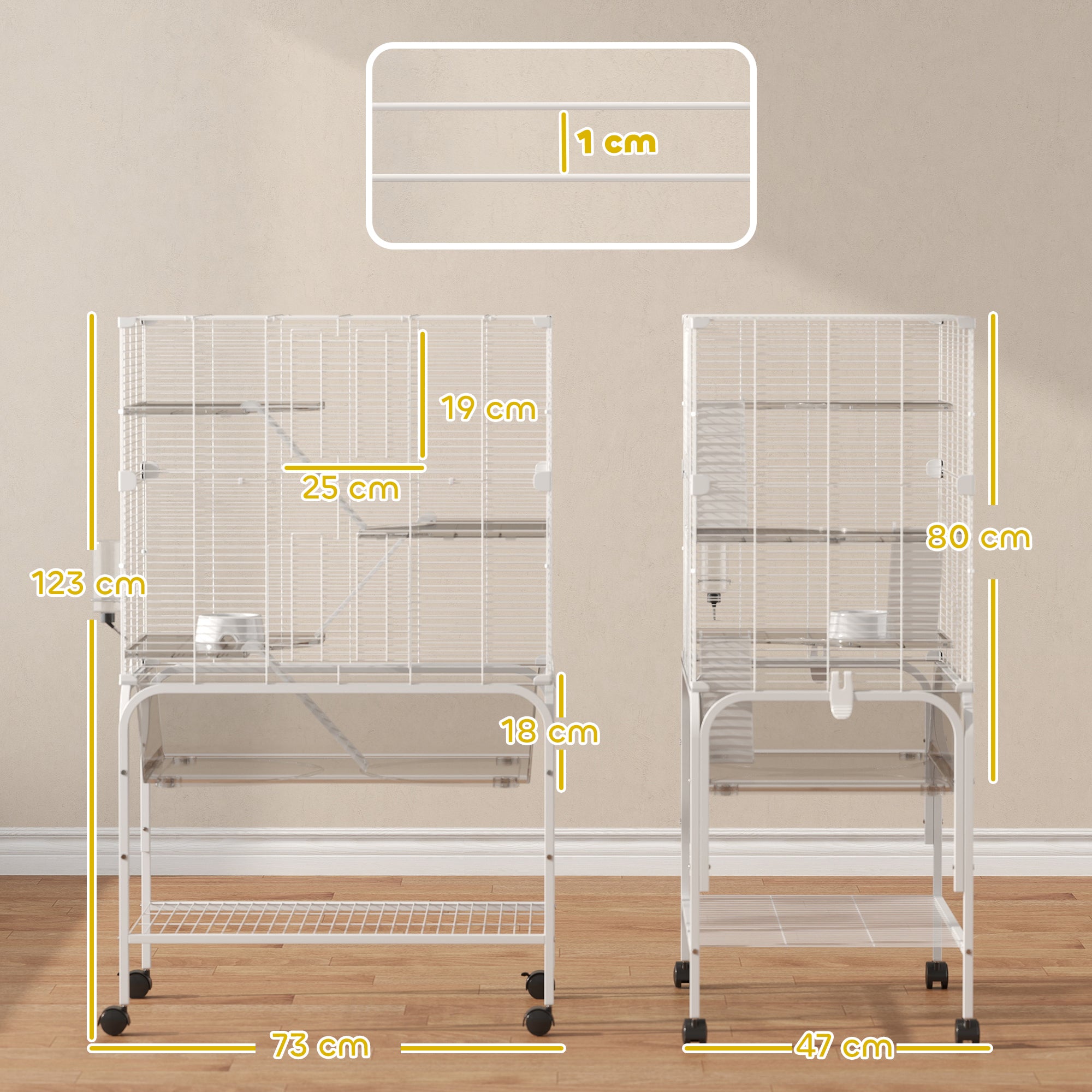 Gaiola para Pequenos Animais – 73x47x123 cm – Branco – Aço, PET e PS