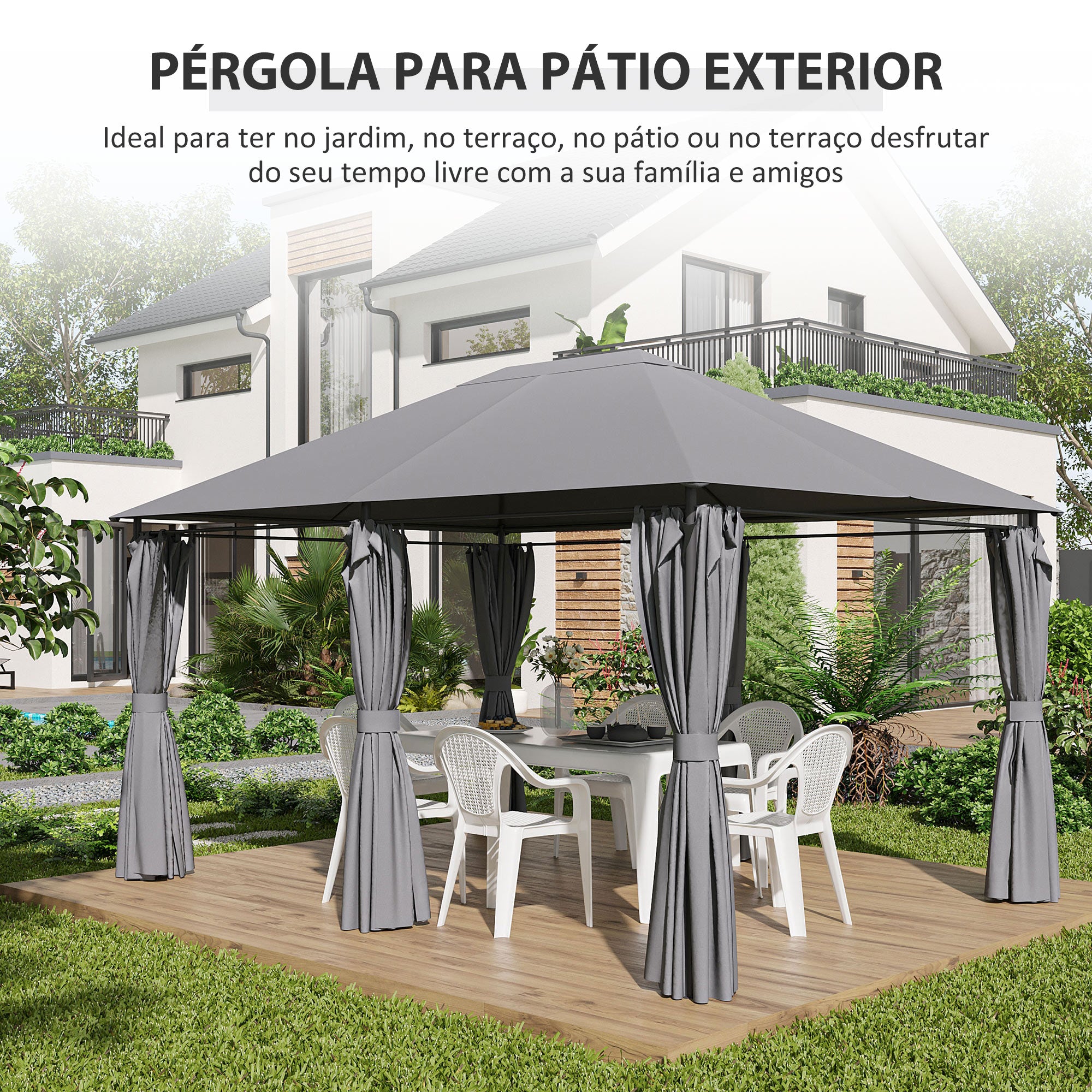 Pérgola de Jardim Cinza 398x300x272 cm - Estrutura de Aço e Cortinas Amovíveis