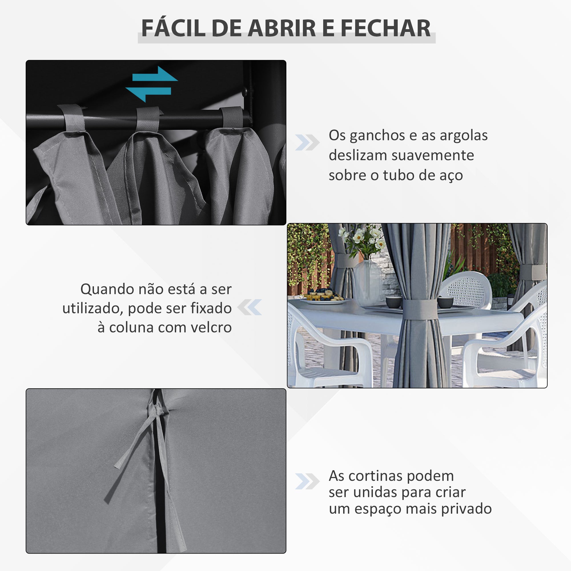 Pérgola de Jardim Cinza 398x300x272 cm - Estrutura de Aço e Cortinas Amovíveis