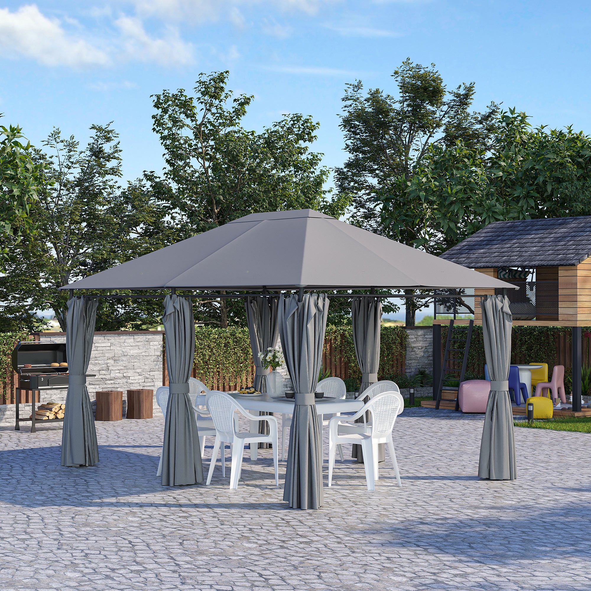 Pérgola de Jardim Cinza 398x300x272 cm - Estrutura de Aço e Cortinas Amovíveis