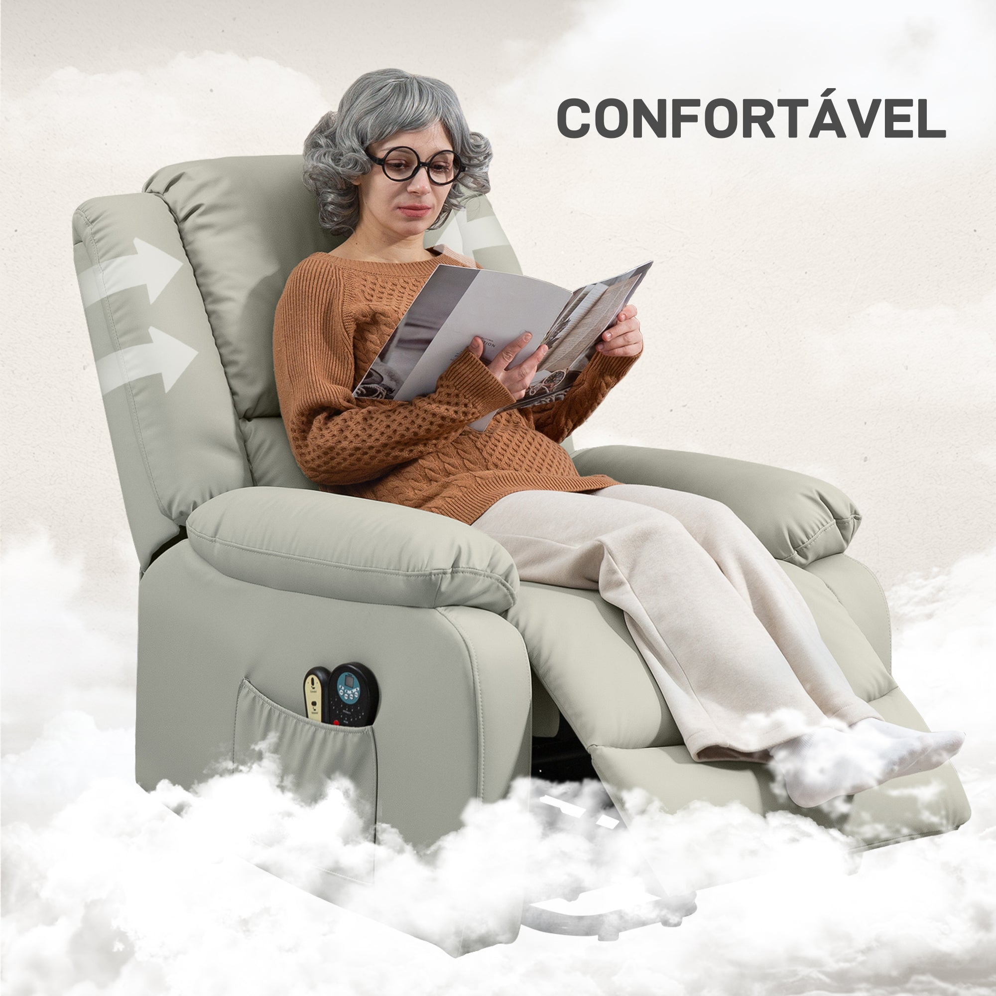 Poltrona Relax Elétrica com 8 Pontos de Massagem e Aquecimento - Cinza Claro 89x93x105 cm