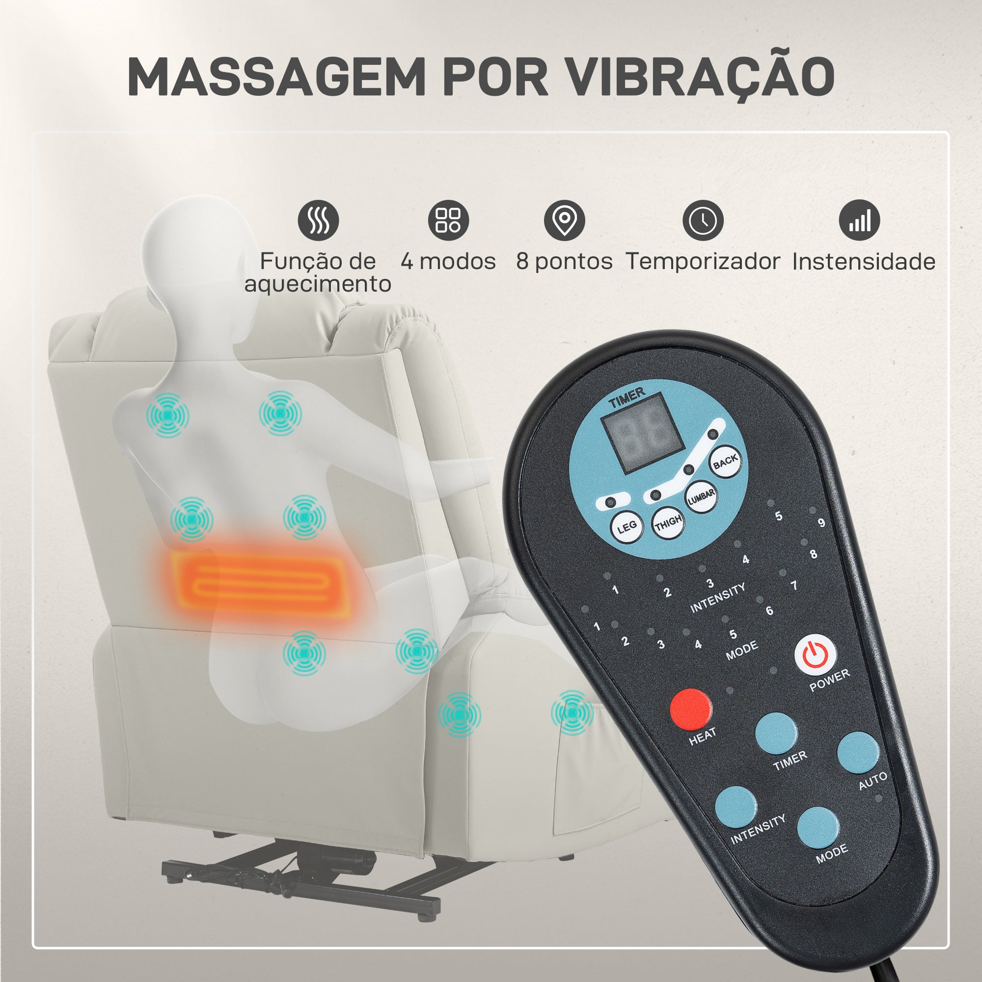 Poltrona Relax Elétrica com 8 Pontos de Massagem e Aquecimento - Cinza Claro 89x93x105 cm