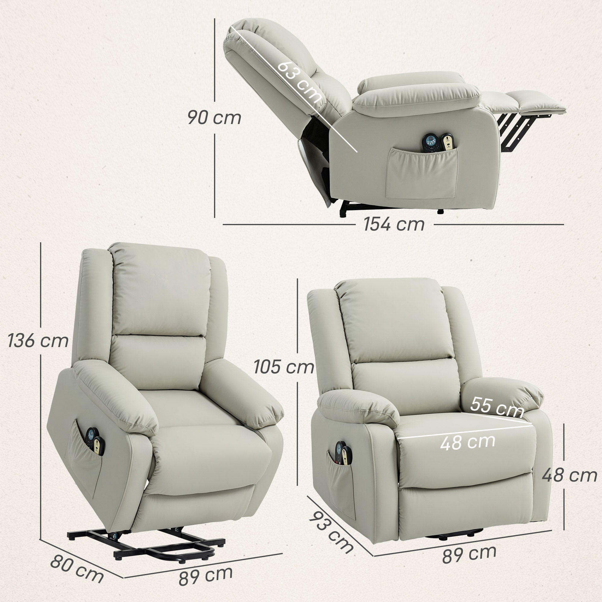 Poltrona Relax Elétrica com 8 Pontos de Massagem e Aquecimento - Cinza Claro 89x93x105 cm
