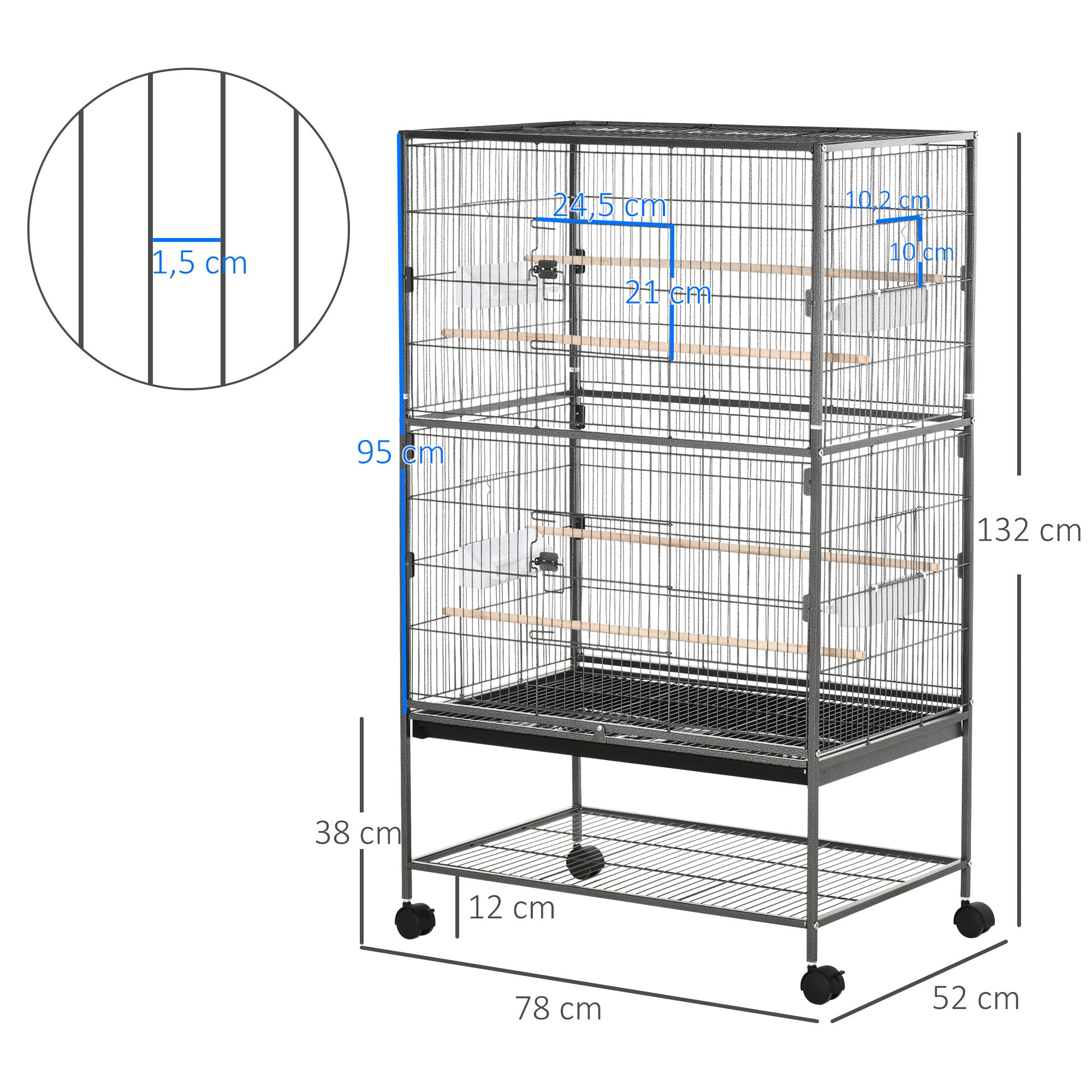 Gaiola para Pássaros 78x52x132 cm Cinzento - Espaçosa e Móvel