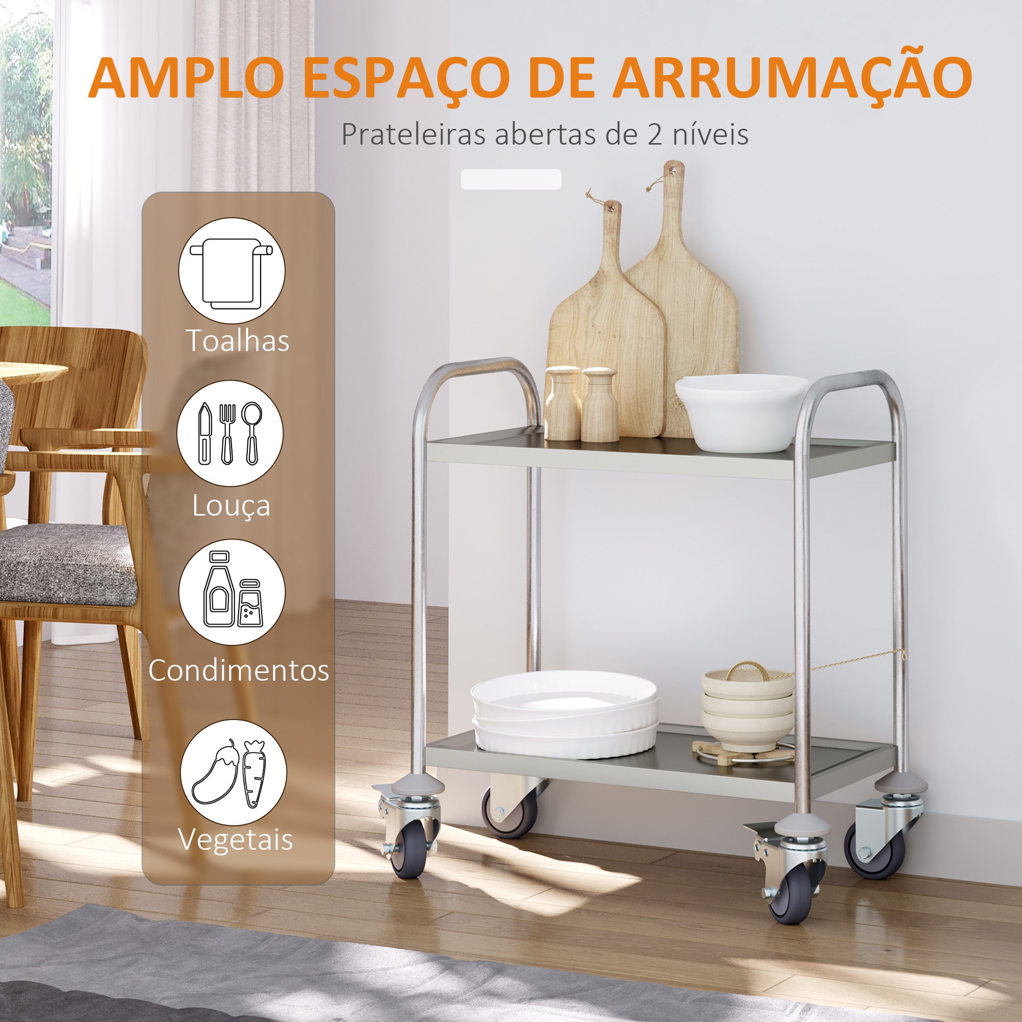 Carrinho Auxiliar de Cozinha 70,5x40,5x81 cm - Prata