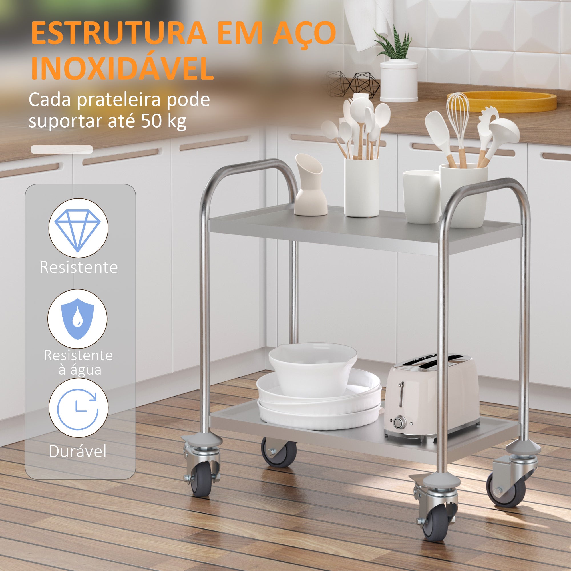 Carrinho Auxiliar de Cozinha 70,5x40,5x81 cm - Prata