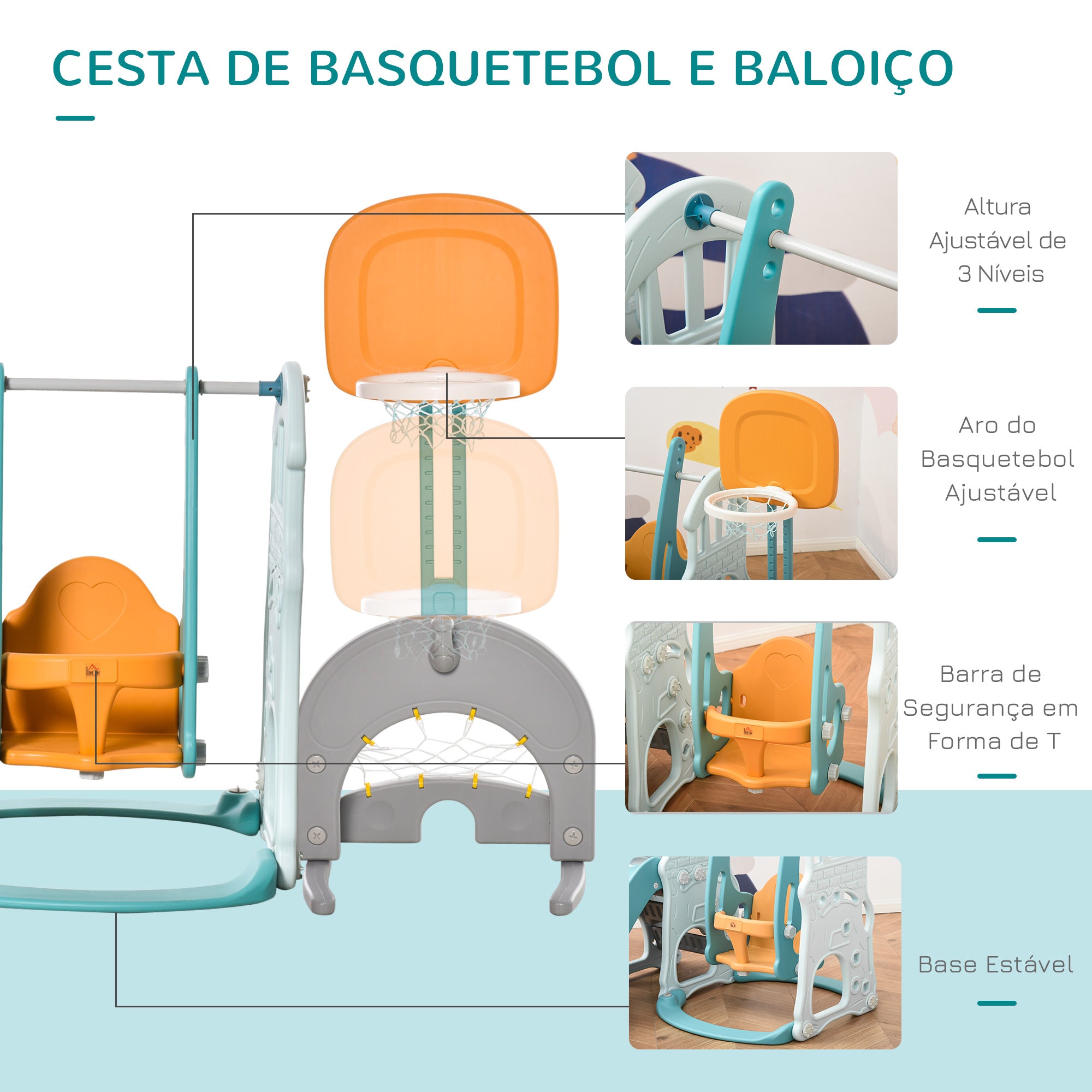Parque Infantil Multifuncional 5 em 1 - 210x186x133cm - Azul, Cinza e Laranja