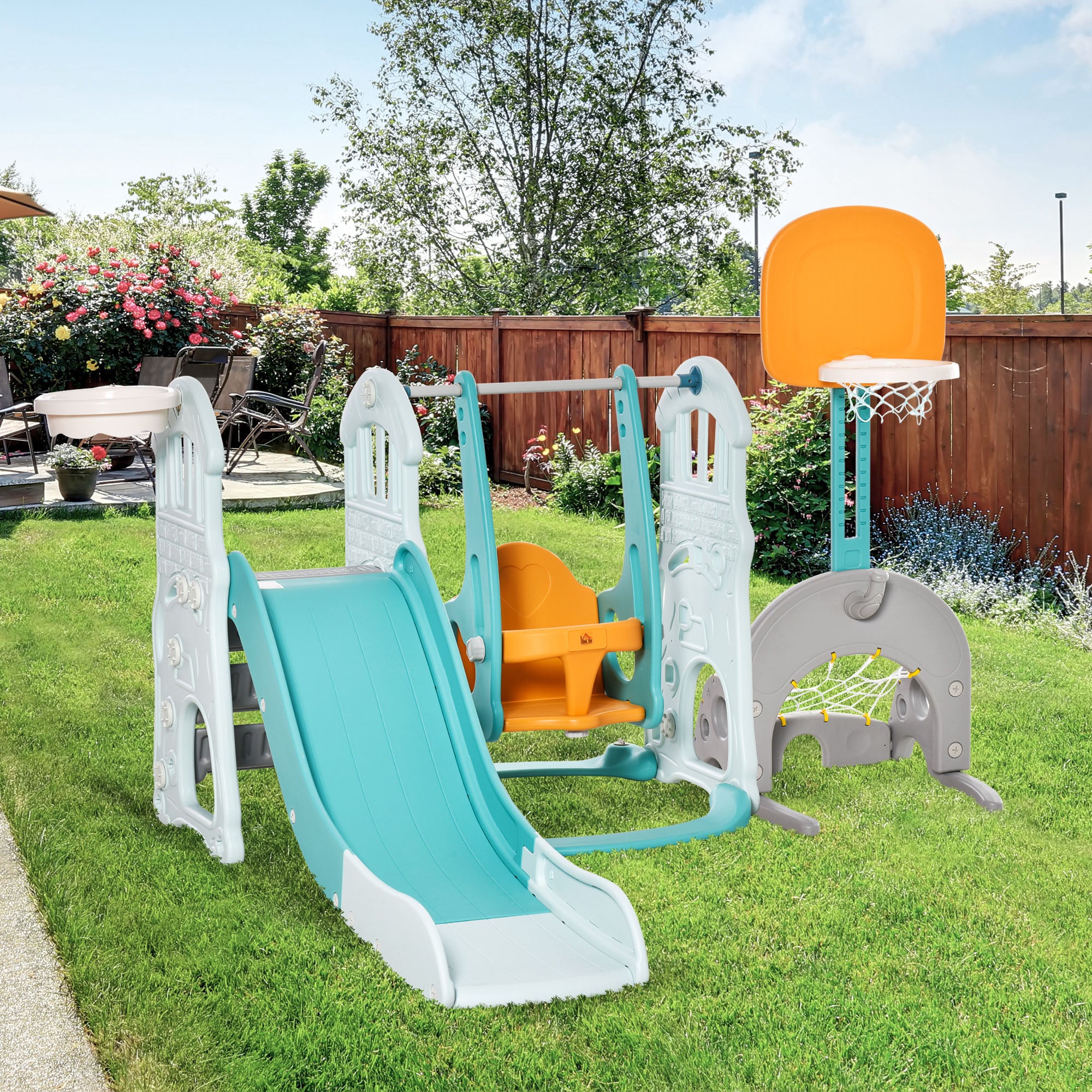 Parque Infantil Multifuncional 5 em 1 - 210x186x133cm - Azul, Cinza e Laranja