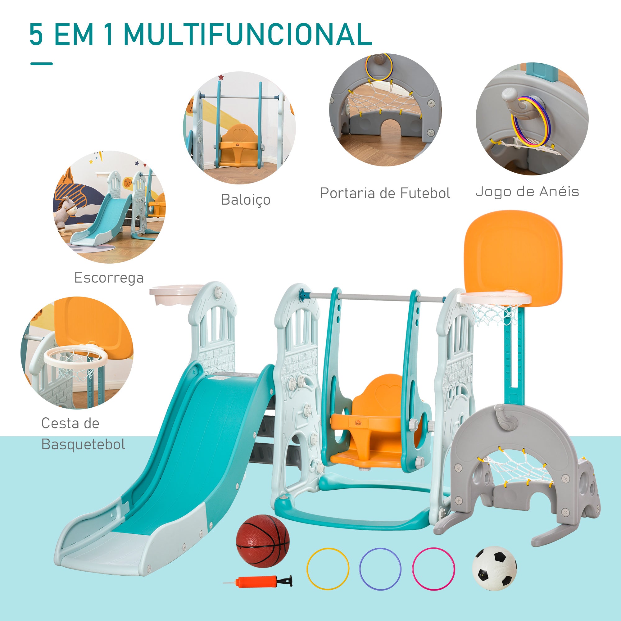 Parque Infantil Multifuncional 5 em 1 - 210x186x133cm - Azul, Cinza e Laranja