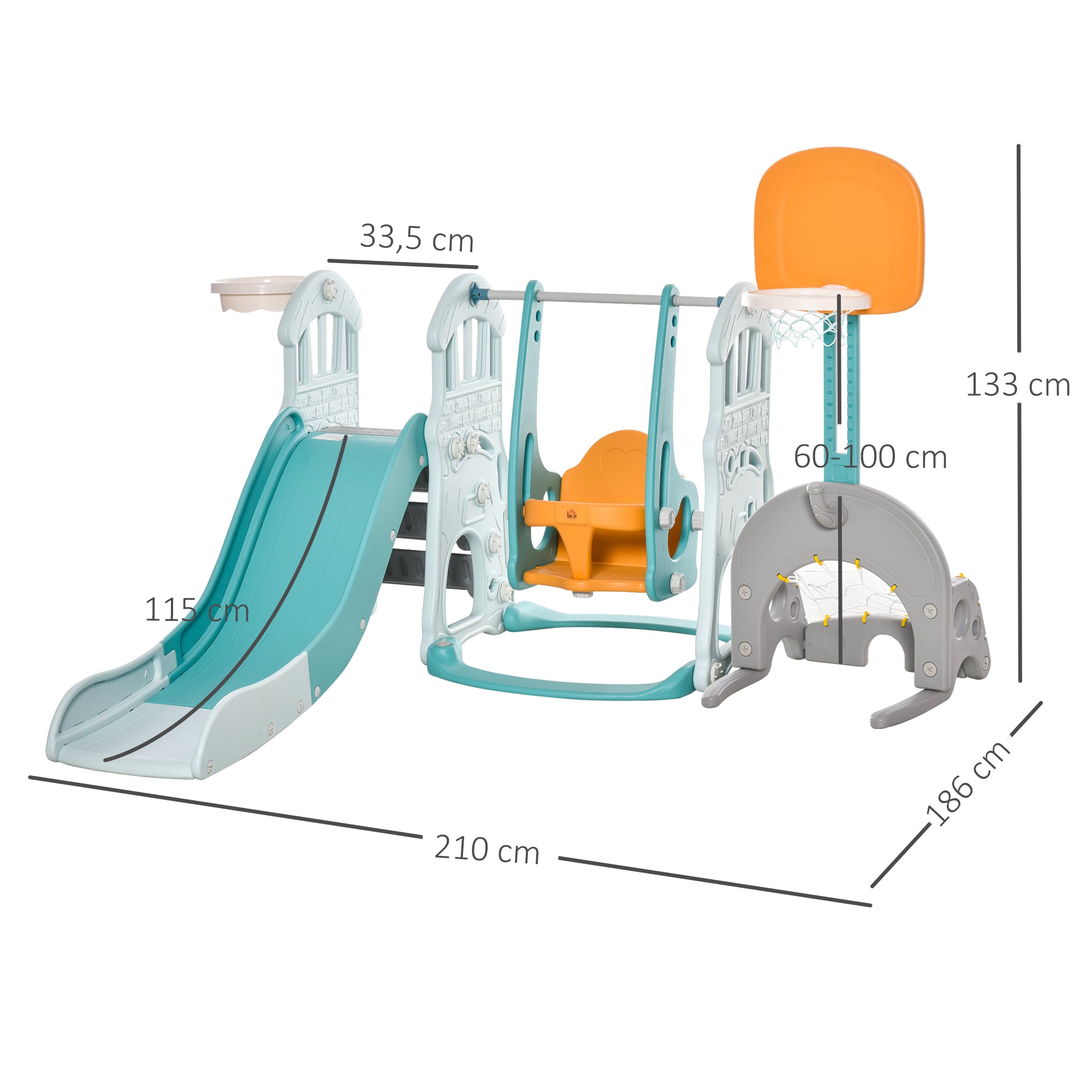 Parque Infantil Multifuncional 5 em 1 - 210x186x133cm - Azul, Cinza e Laranja