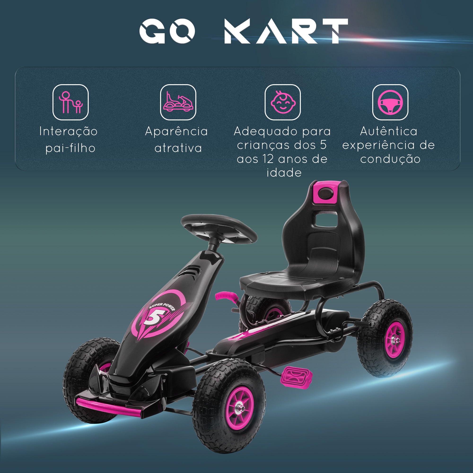 Kart a Pedais Infantil Rosa 121x58x61 cm para Crianças 5-12 Anos