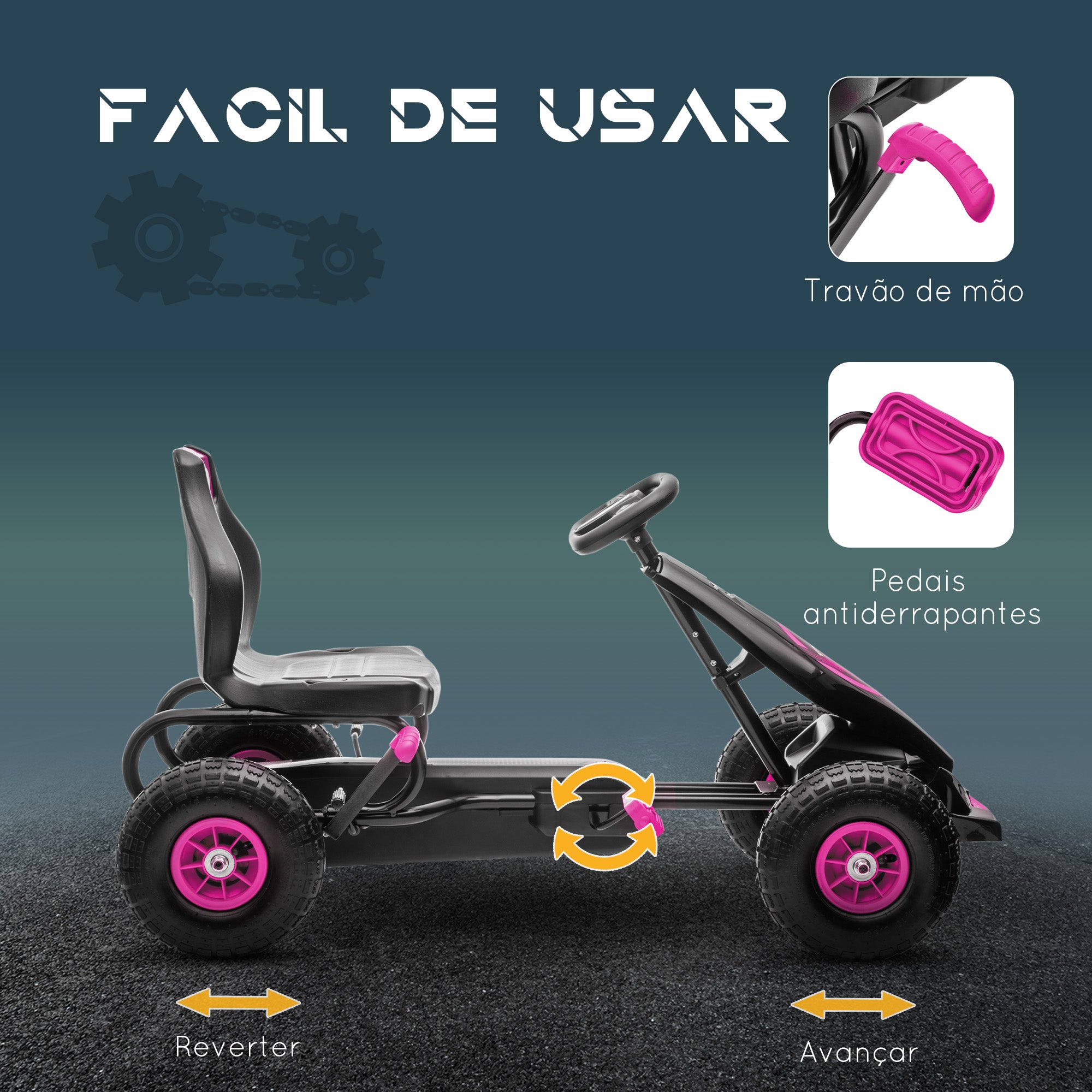 Kart a Pedais Infantil Rosa 121x58x61 cm para Crianças 5-12 Anos
