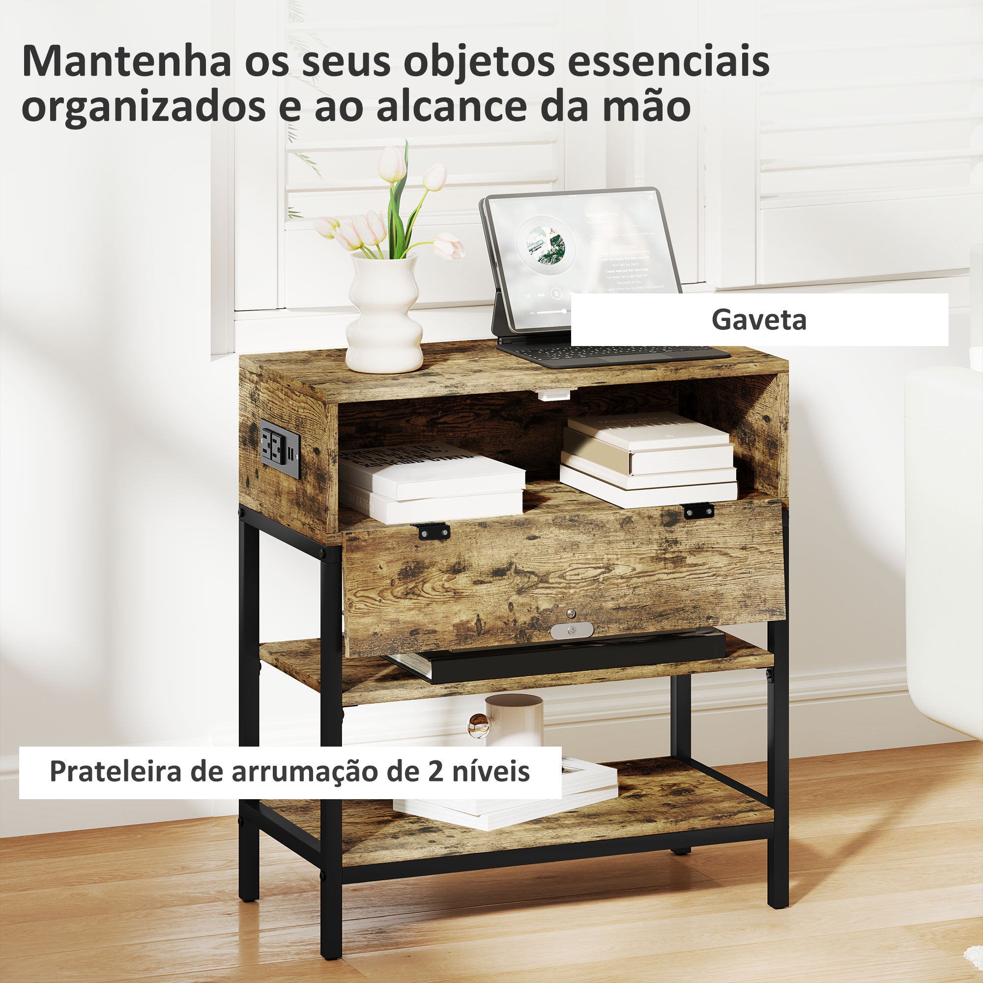 Mesa Auxiliar Industrial com Estação de Carga e Gaveta - Castanho Rústico 60x30x66,5 cm