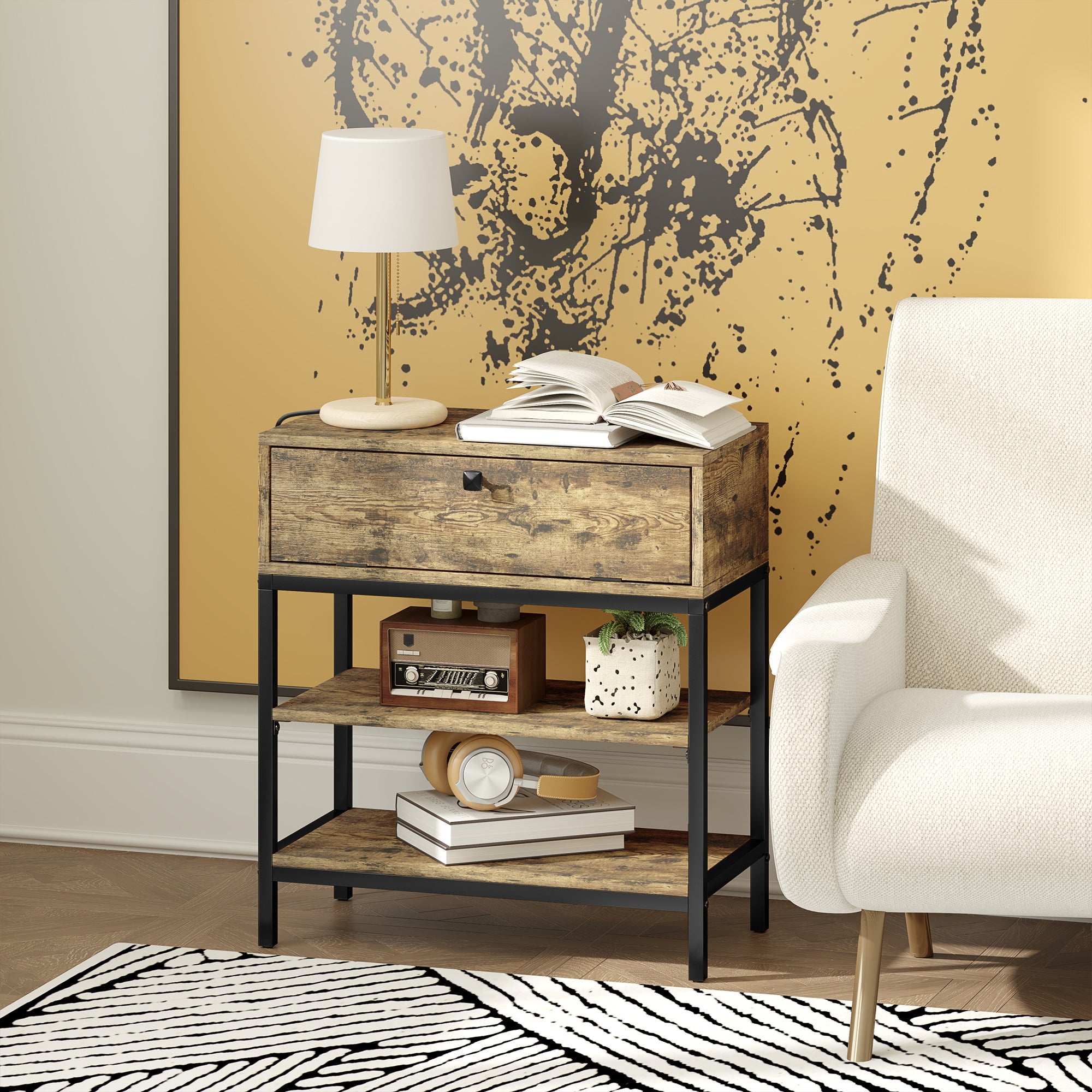 Mesa Auxiliar Industrial com Estação de Carga e Gaveta - Castanho Rústico 60x30x66,5 cm