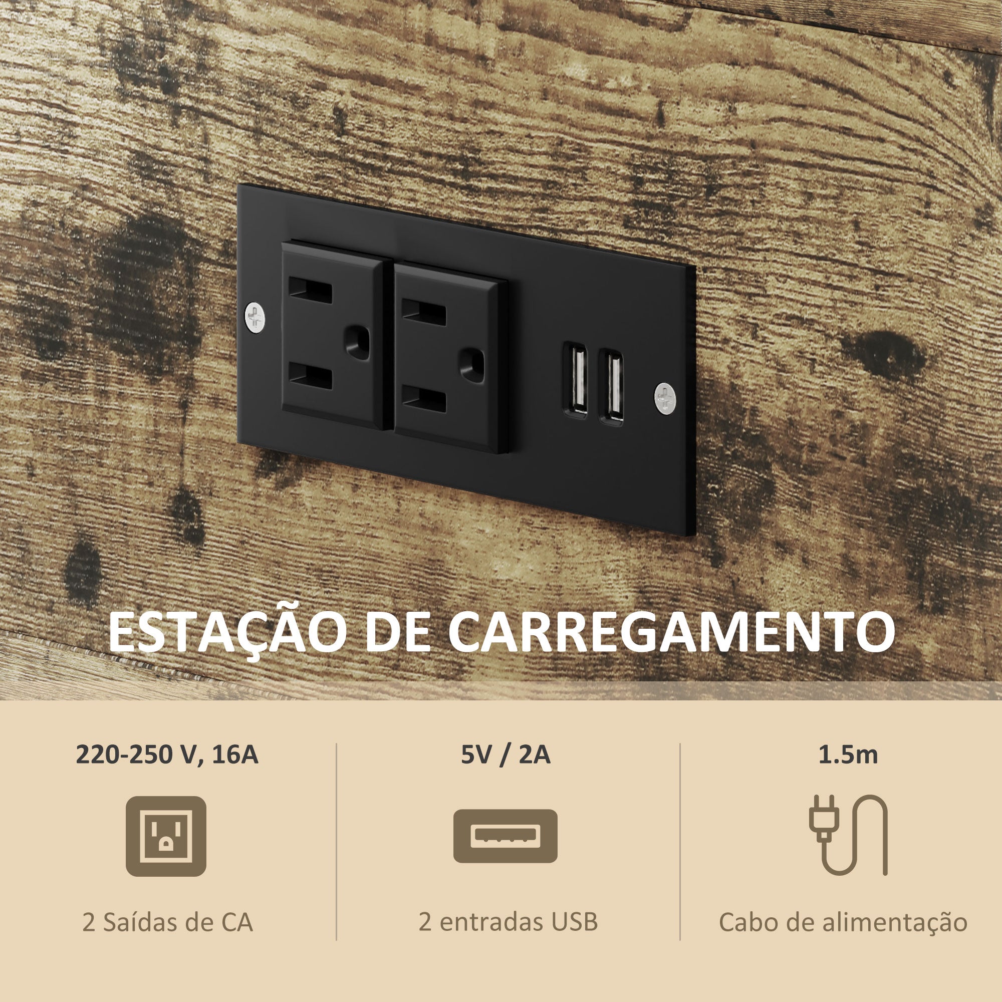 Mesa Auxiliar Industrial com Estação de Carga e Gaveta - Castanho Rústico 60x30x66,5 cm