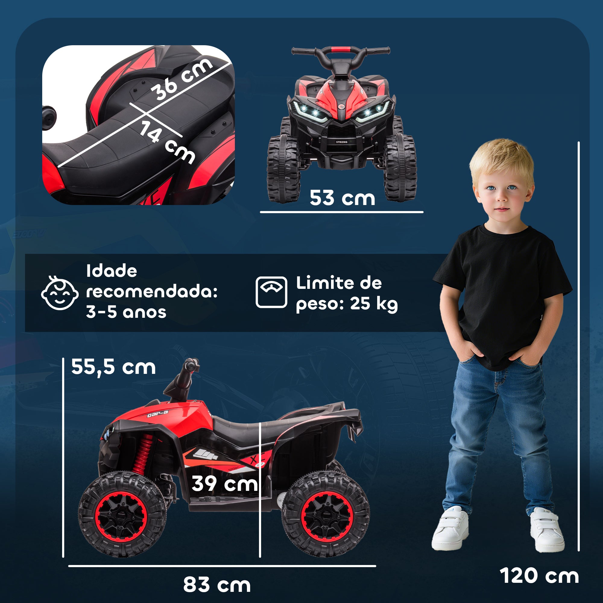 Quadriciclo Elétrico Infantil – 83x53x55.5cm – Vermelho – PP e Metal