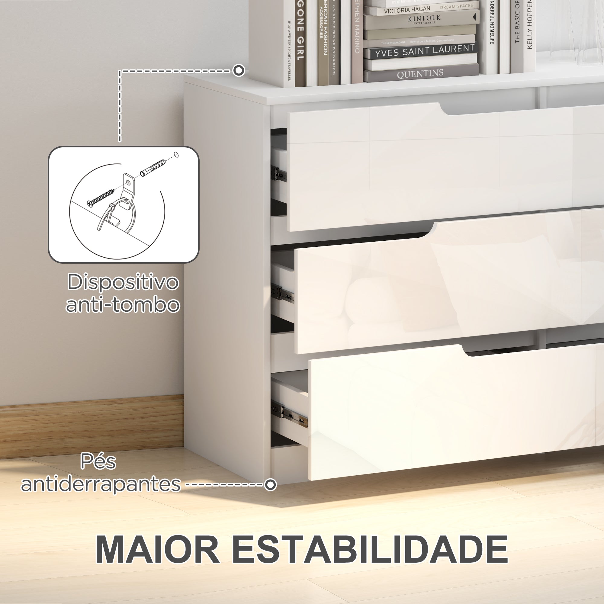 Cómoda Moderna com 6 Gavetas - 120x40x75 cm - Branco