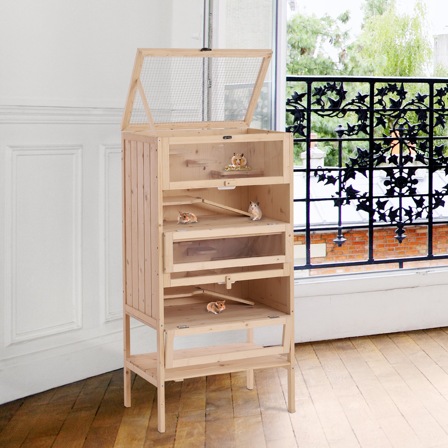 Gaiola de Madeira para Pequenos Roedores 60x40x120cm - Cor Madera Natural