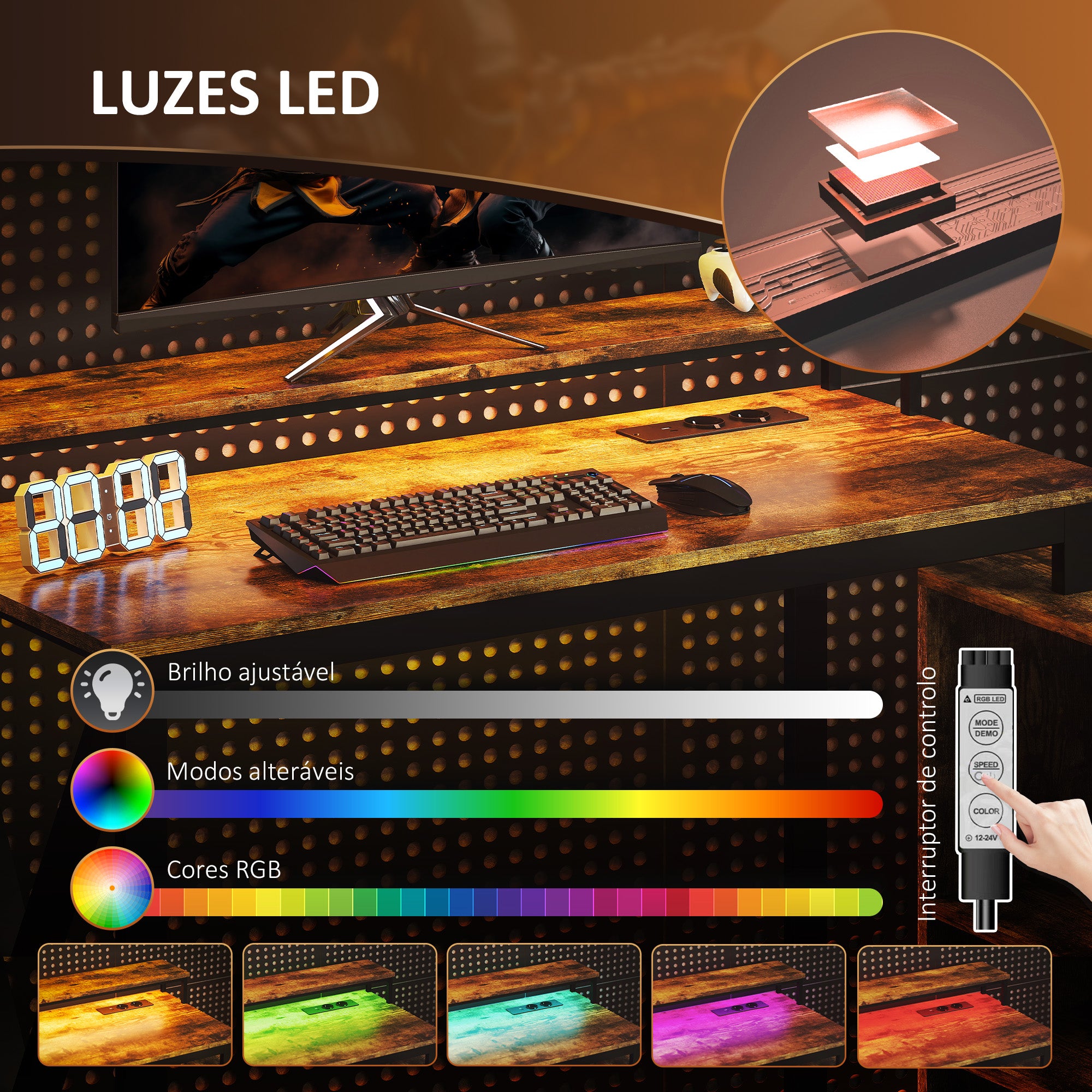 Secretária de Canto com Luzes LED 130x110x91 cm - Castanho Rústico