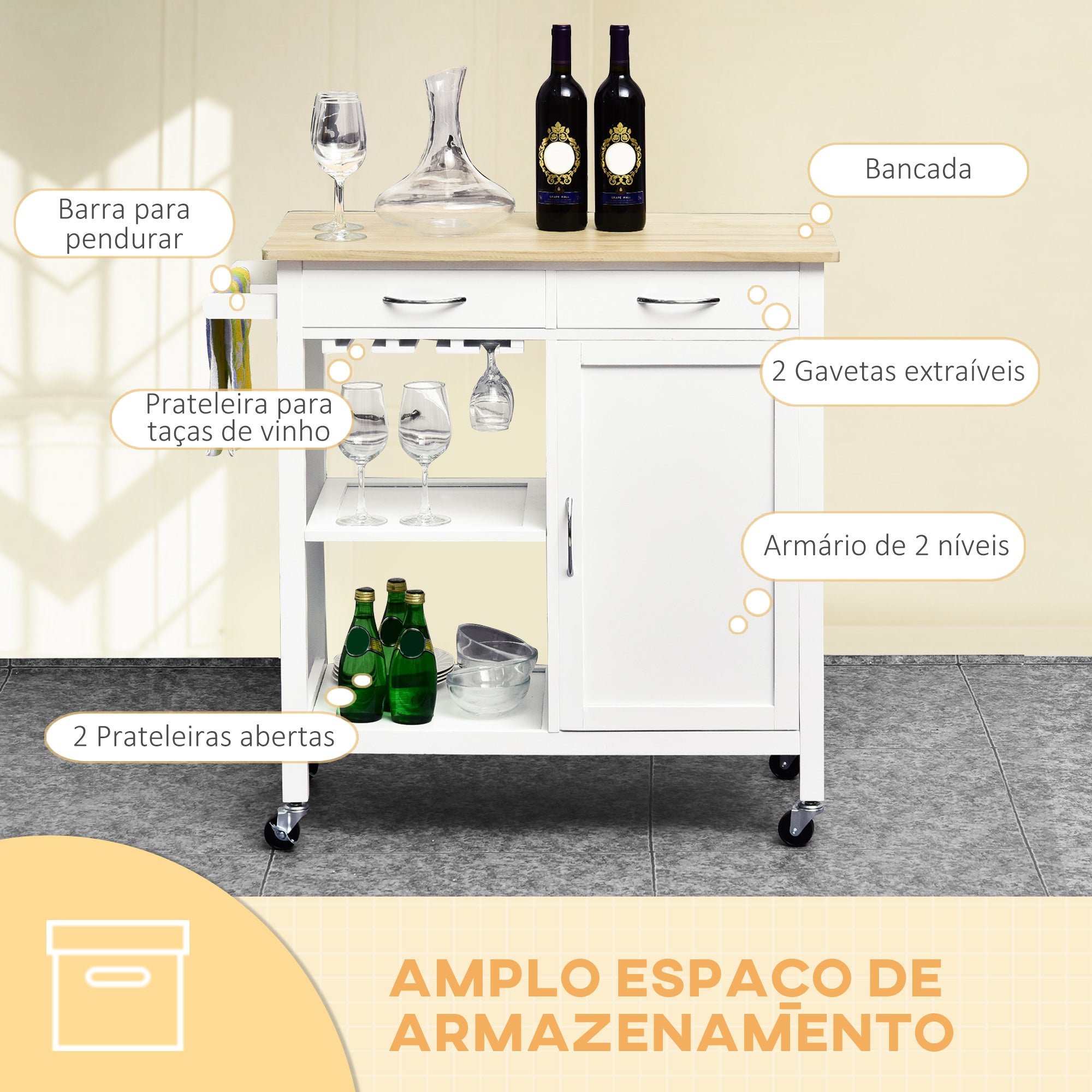 Carrinho de Cozinha Multiusos 88,5x40x86 cm - Branco