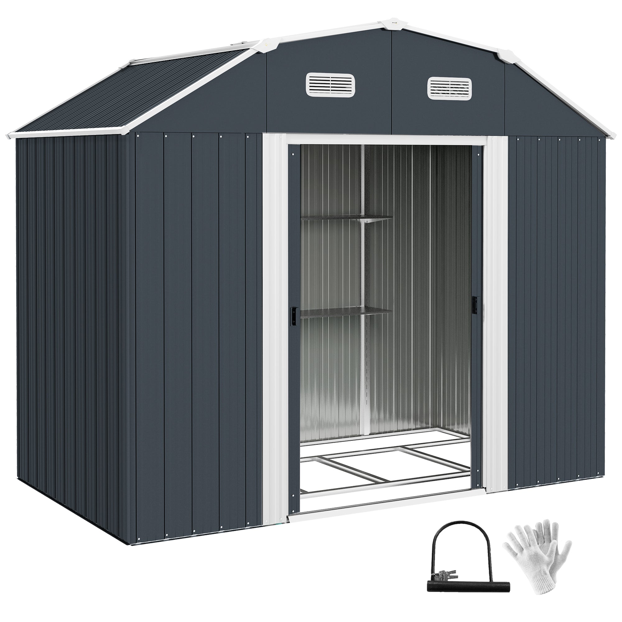 Abrigo de Jardim Metálico Cinza Escuro 238x132x198,5 cm - Prateleiras Ajustáveis