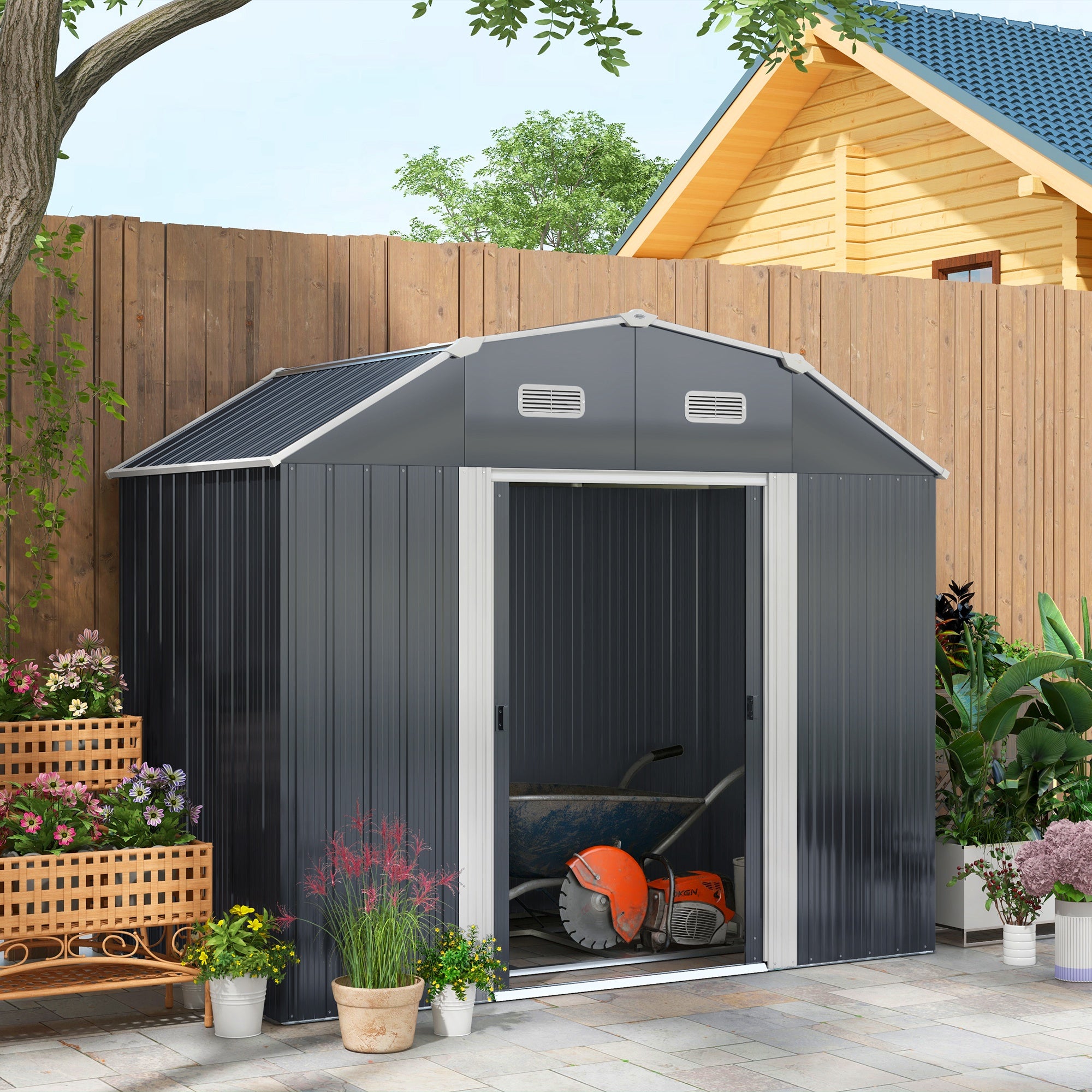 Abrigo de Jardim Metálico Cinza Escuro 238x132x198,5 cm - Prateleiras Ajustáveis
