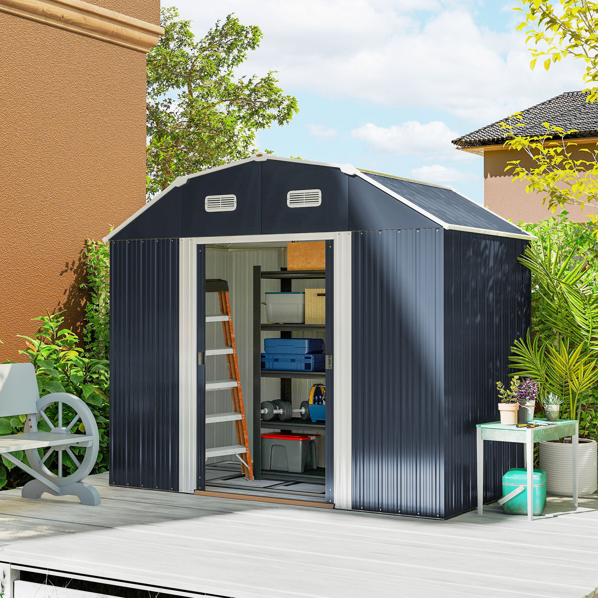 Abrigo de Jardim Metálico Cinza Escuro 238x132x198,5 cm - Prateleiras Ajustáveis