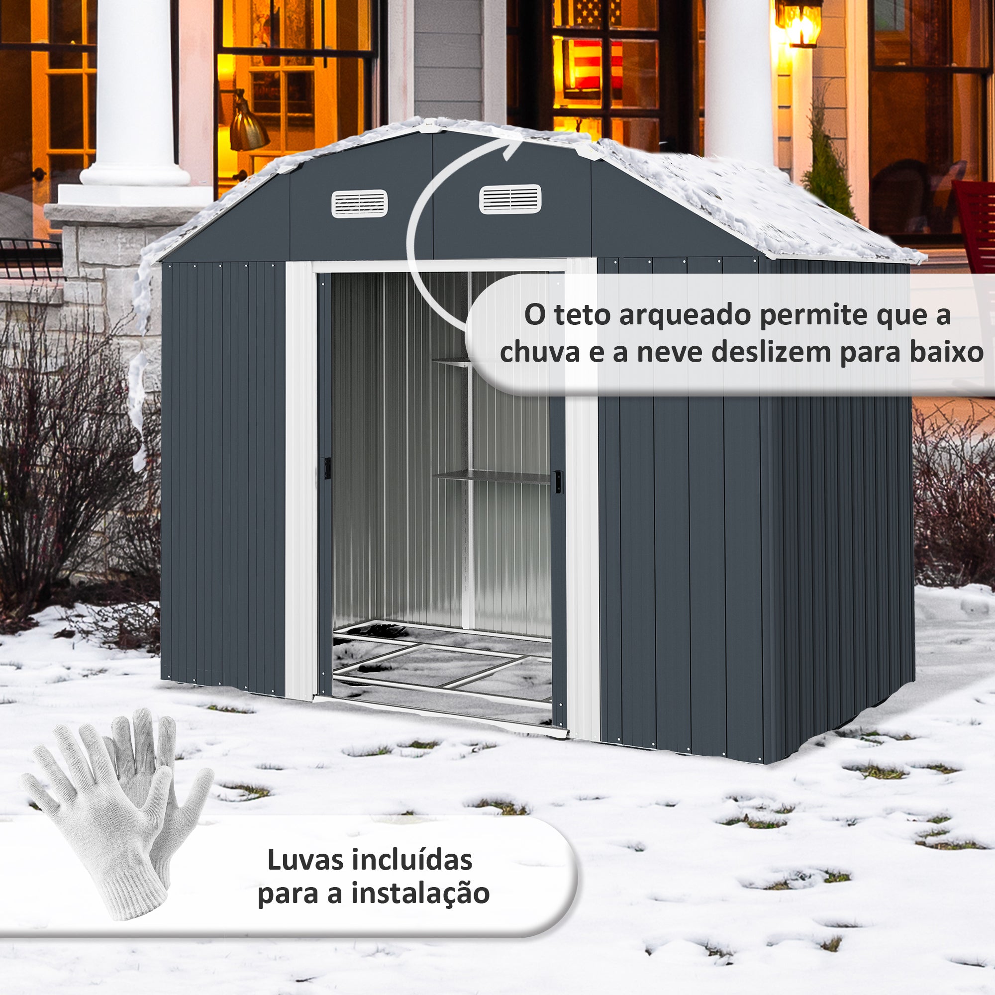 Abrigo de Jardim Metálico Cinza Escuro 238x132x198,5 cm - Prateleiras Ajustáveis