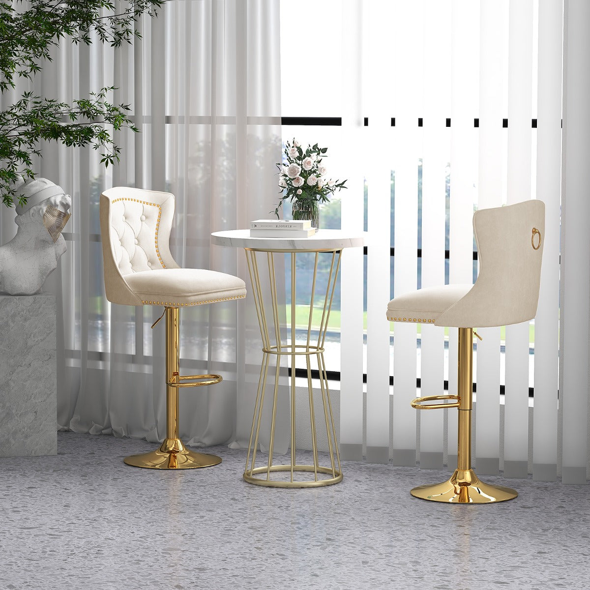 Conjunto de 2 Cadeiras de Bar – Ajustável 67-87 cm – Branco – Veludo Holandês