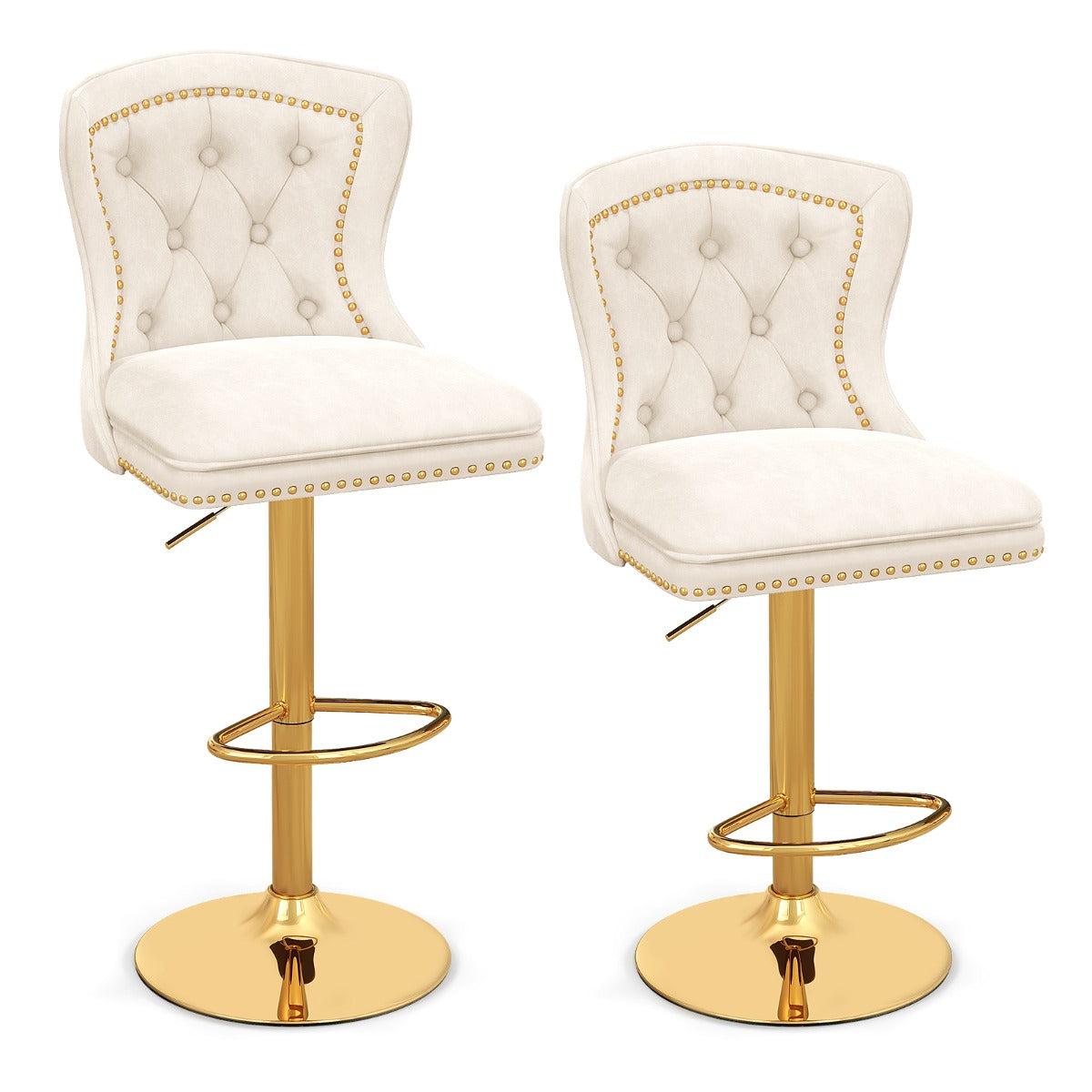 Conjunto de 2 Cadeiras de Bar – Ajustável 67-87 cm – Branco – Veludo Holandês