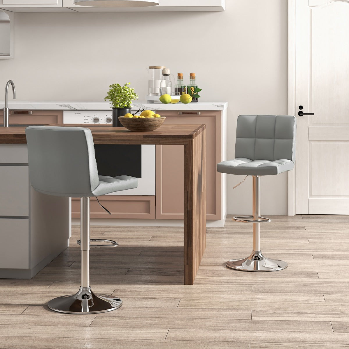 Conjunto de 2 Bancos em Pele Sintética com Altura Ajustável, Assento Giratório 360°, Apoio para os Pés e Base Metálica Cinzenta