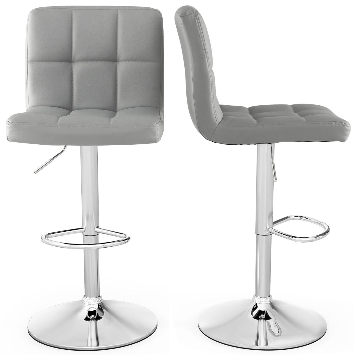 Conjunto de 2 Bancos em Pele Sintética com Altura Ajustável, Assento Giratório 360°, Apoio para os Pés e Base Metálica Cinzenta